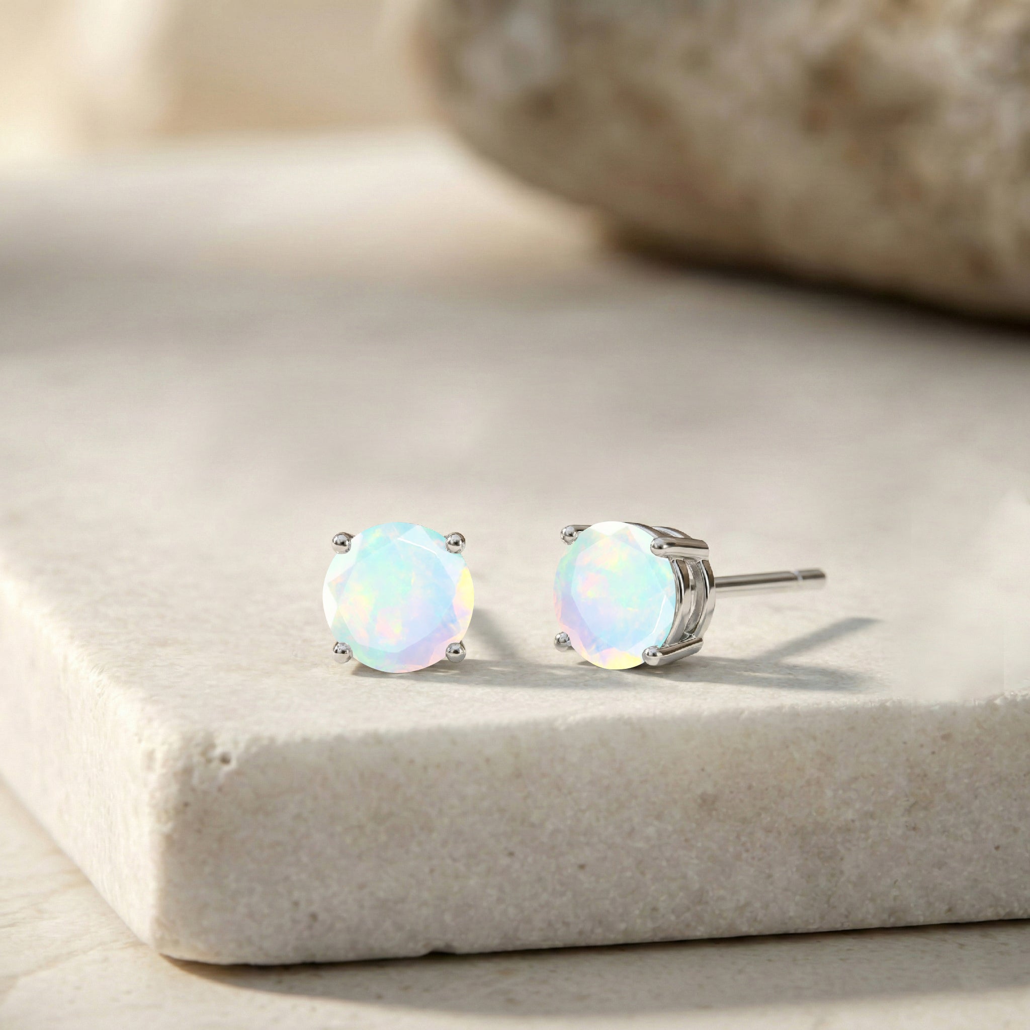 White Opal Round Stud Earrings in 925 Sterling Silver 5.15ct
