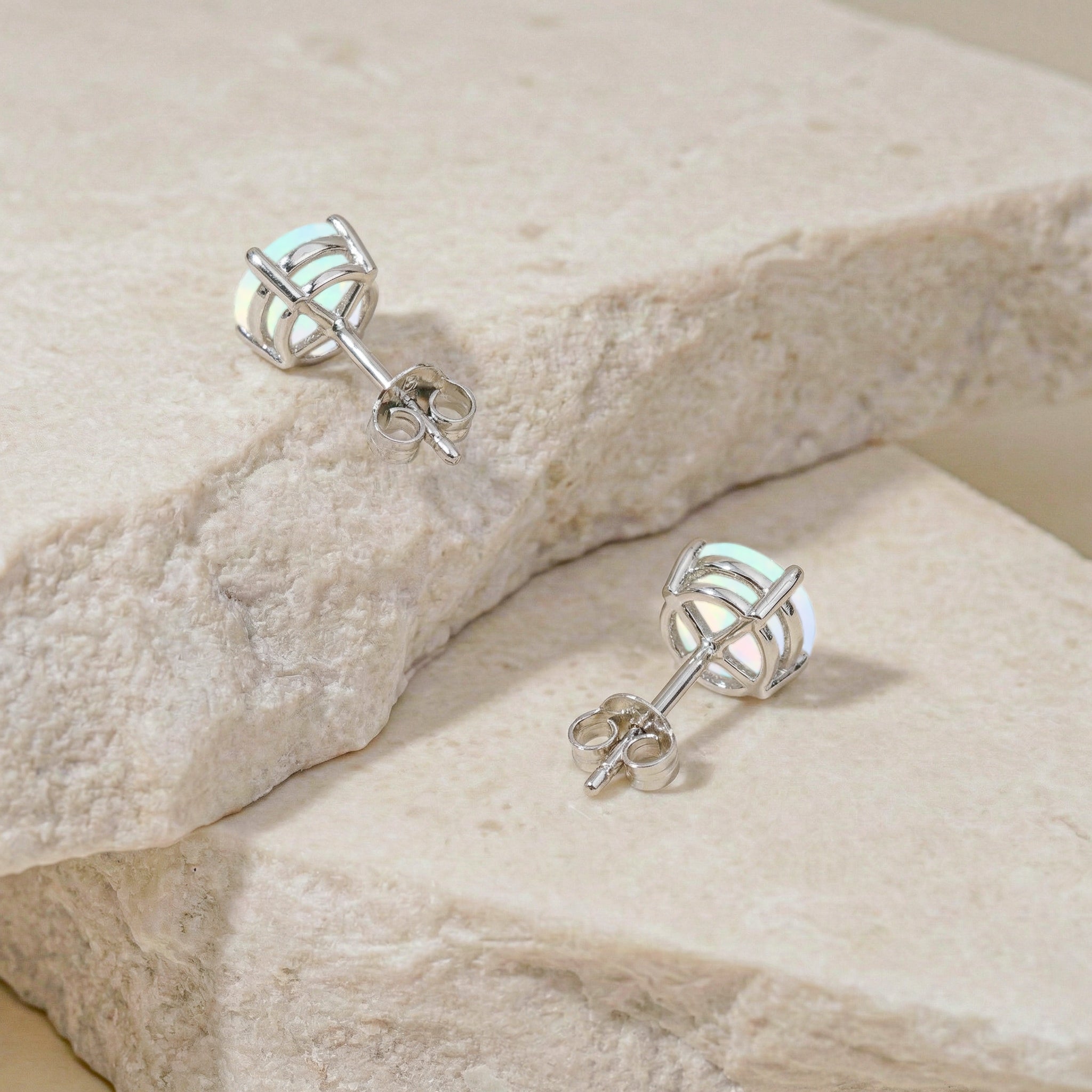 White Opal Round Stud Earrings in 925 Sterling Silver 5.15ct