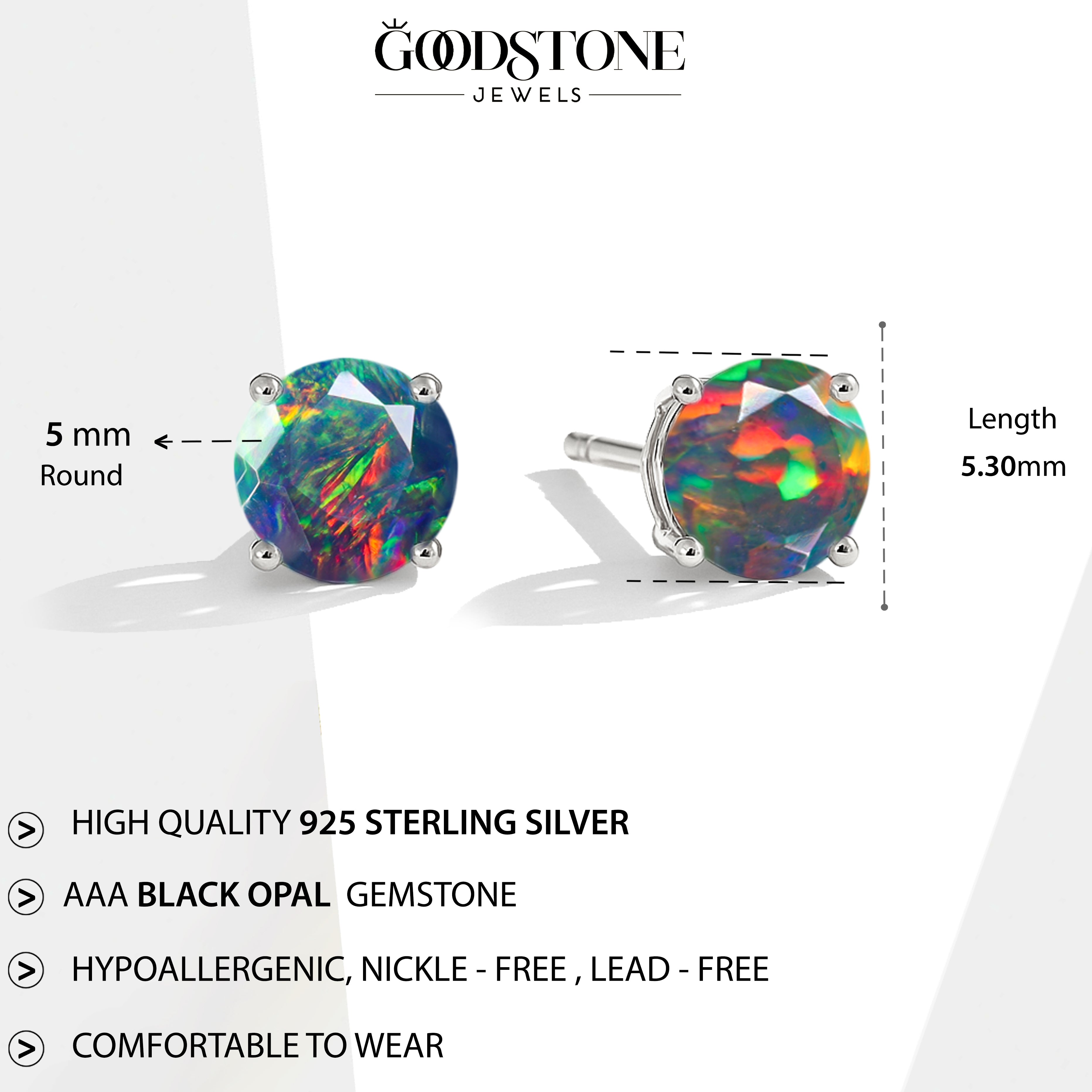 925 Silver Black Opal Round Stone Stud Earrings 5mm Gem 0.65 Ct