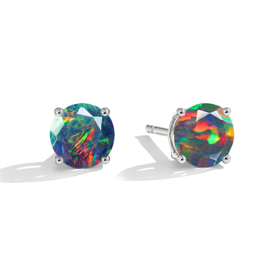 Black Opal Round Stone Stud Earrings in 925 Sterling Silver