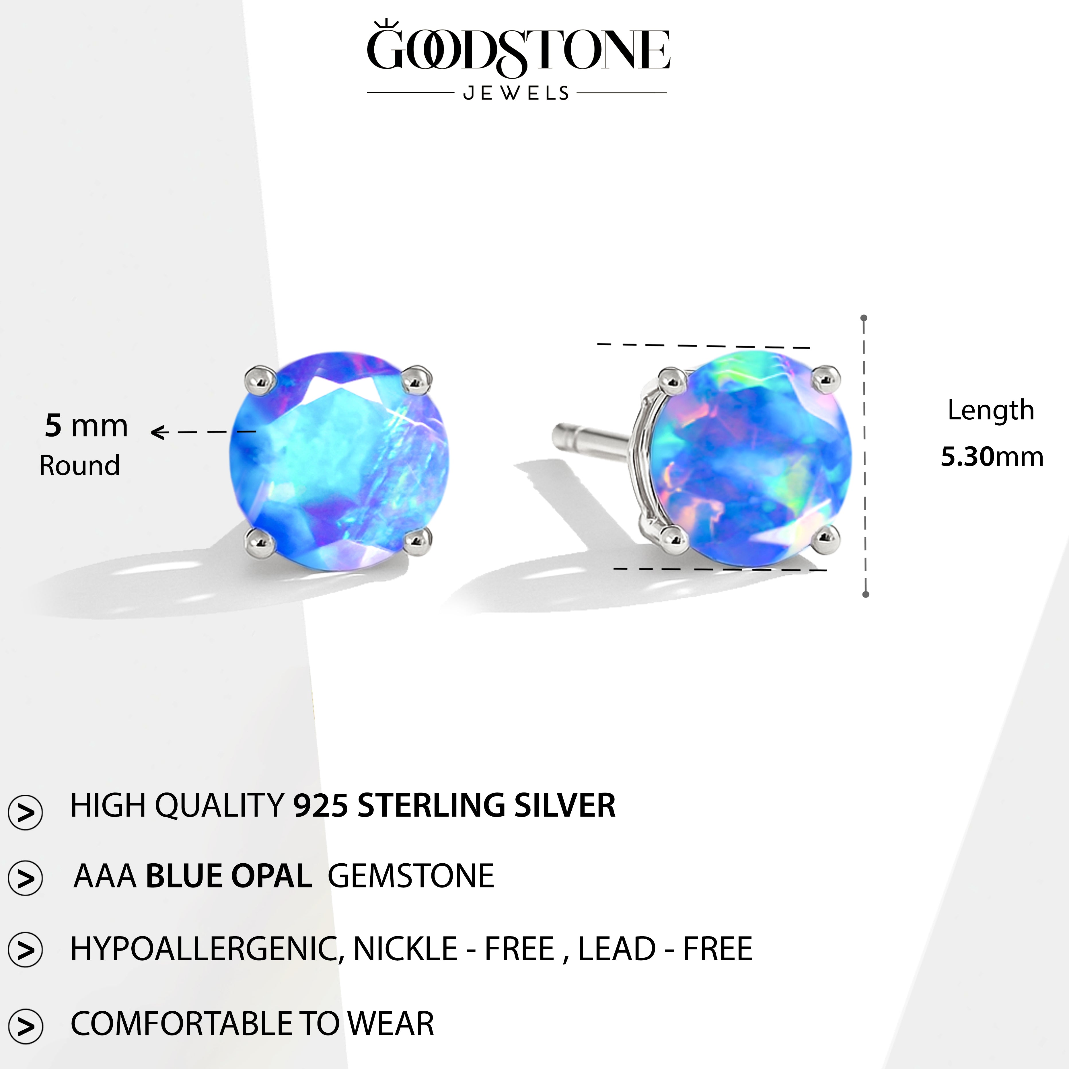 925 Silver Blue Opal Round Stone Stud Earrings 5mm Gem 0.65 Ct