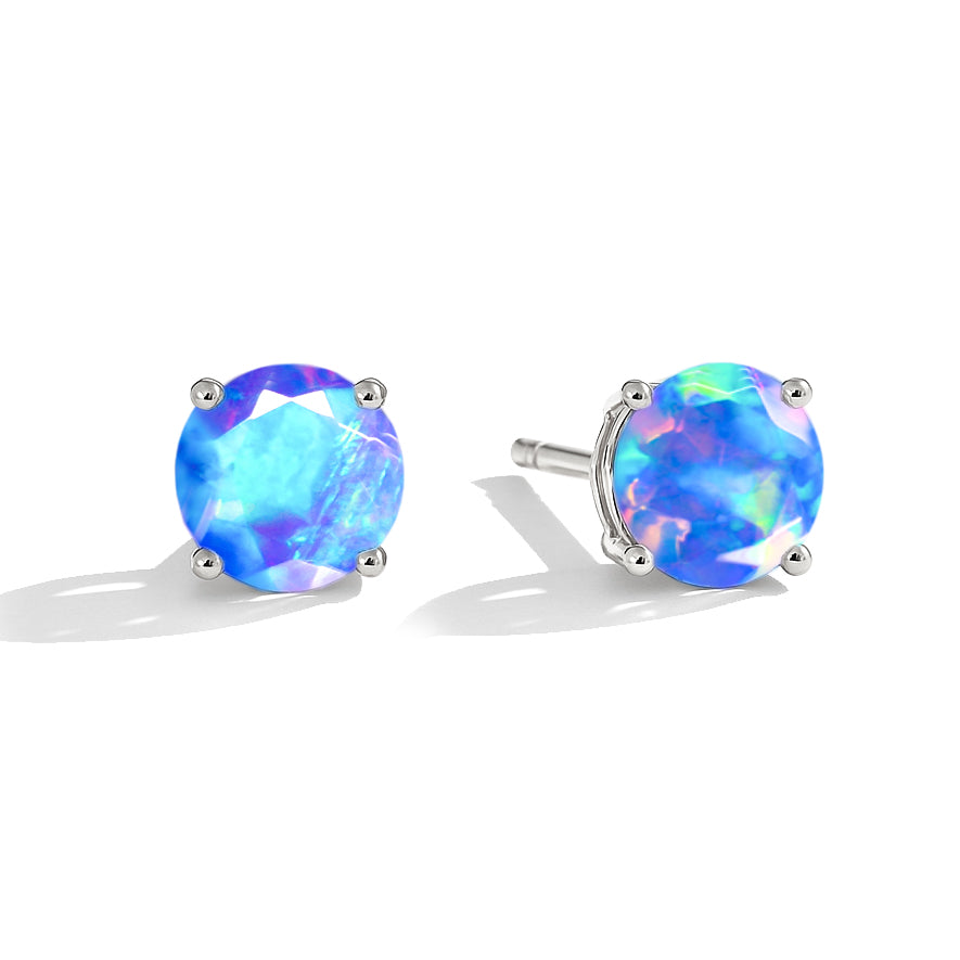 Natural Blue 925 Sterling Silver Opal Round Stone Stud Earrings
