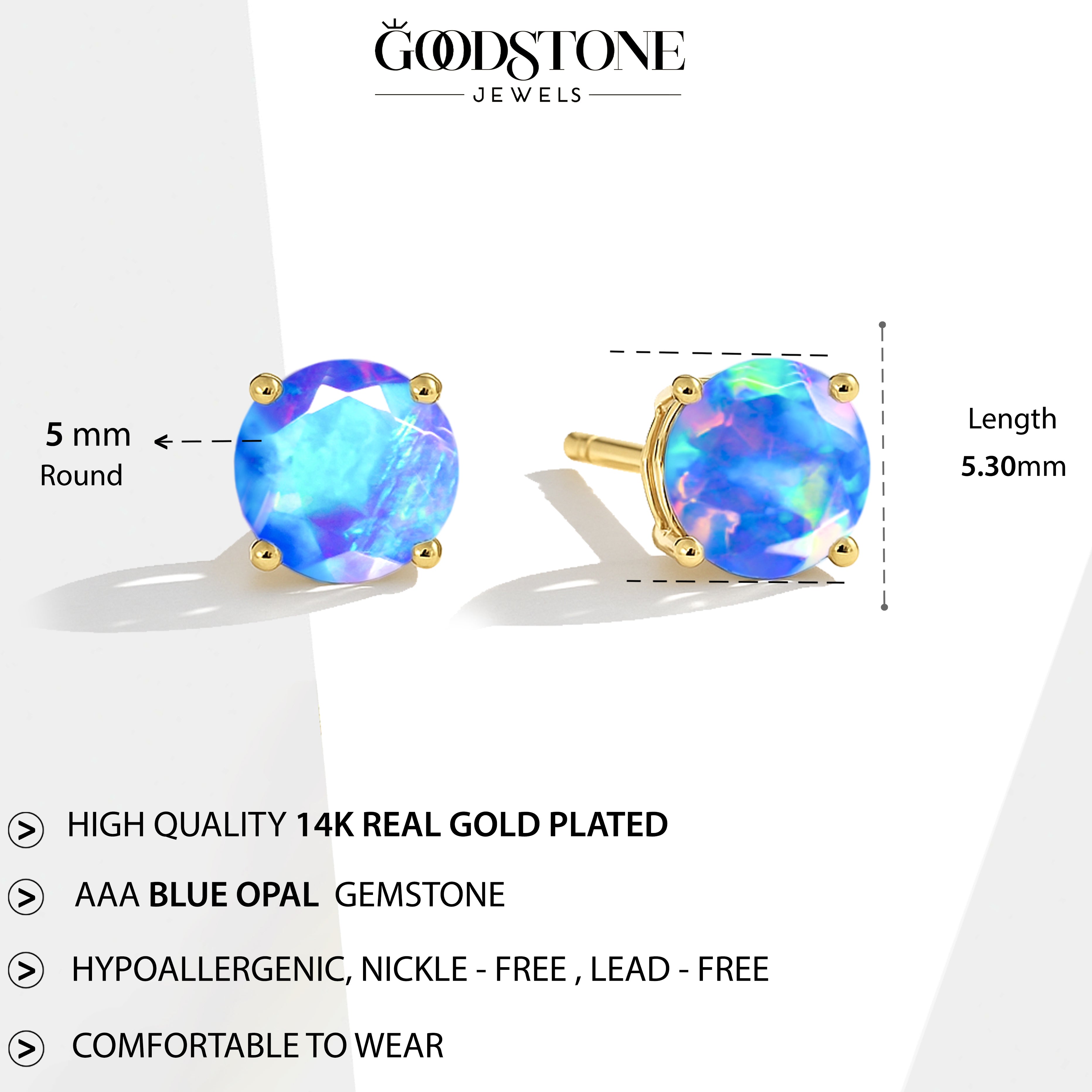 925 Silver Blue Opal Round Stone Stud Earrings 5mm Gem 0.65 Ct