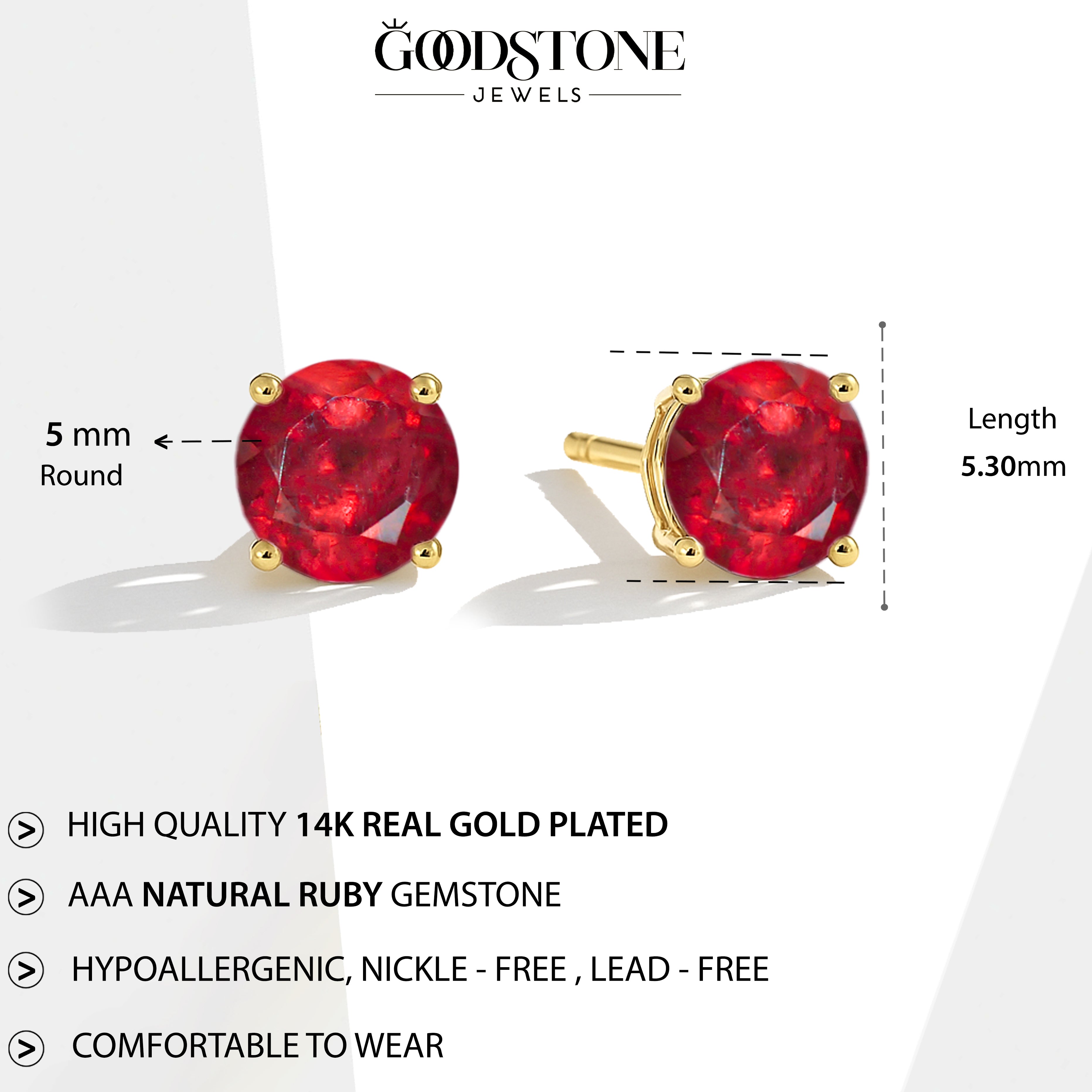 925 Silver Ruby Round Stone Stud Earrings 5mm Gem 0.65 Ct