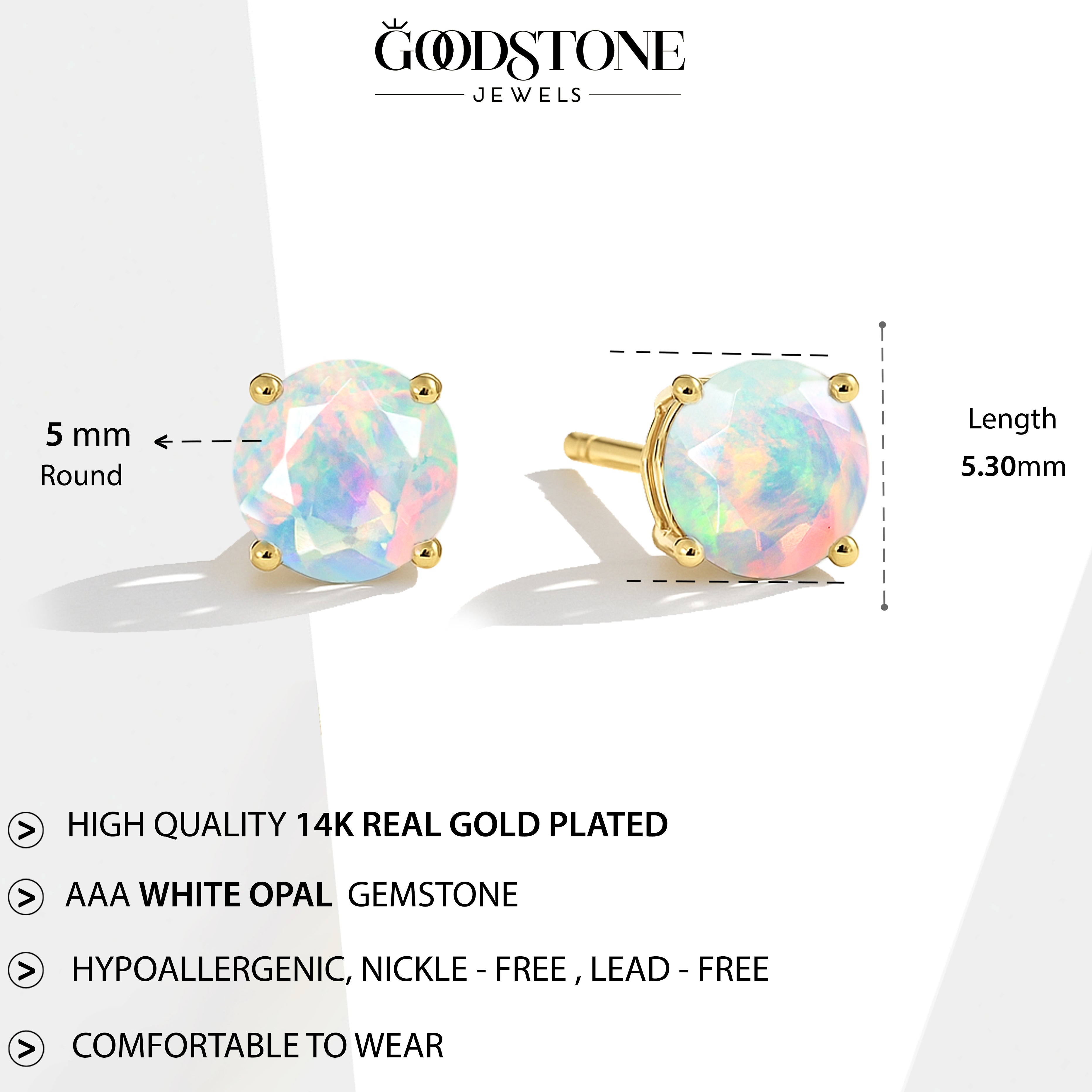 925 Silver White Opal Round Stone Stud Earrings 5mm Gem 0.65 Ct