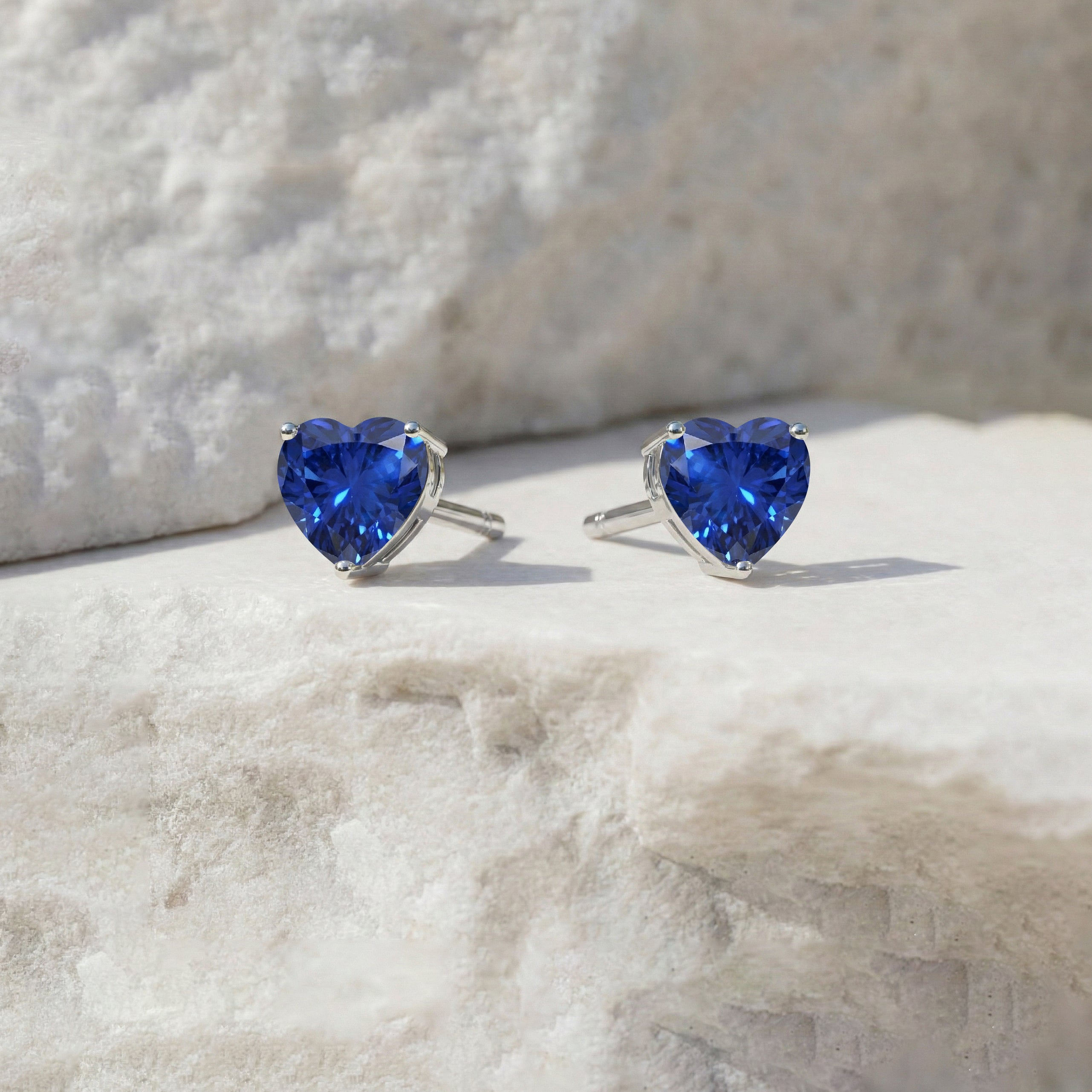 Blue Sapphire Heart Stud Earrings in 925 Sterling Silver 5.15ct