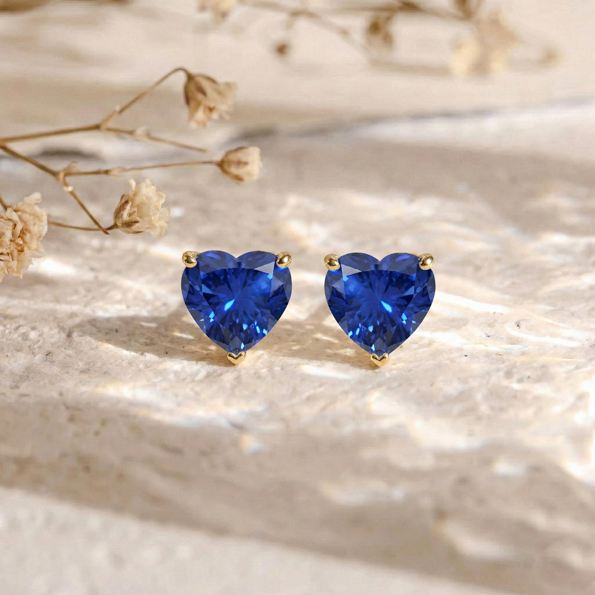 Blue Sapphire Heart Stud Earrings in 925 Sterling Silver 5.15ct