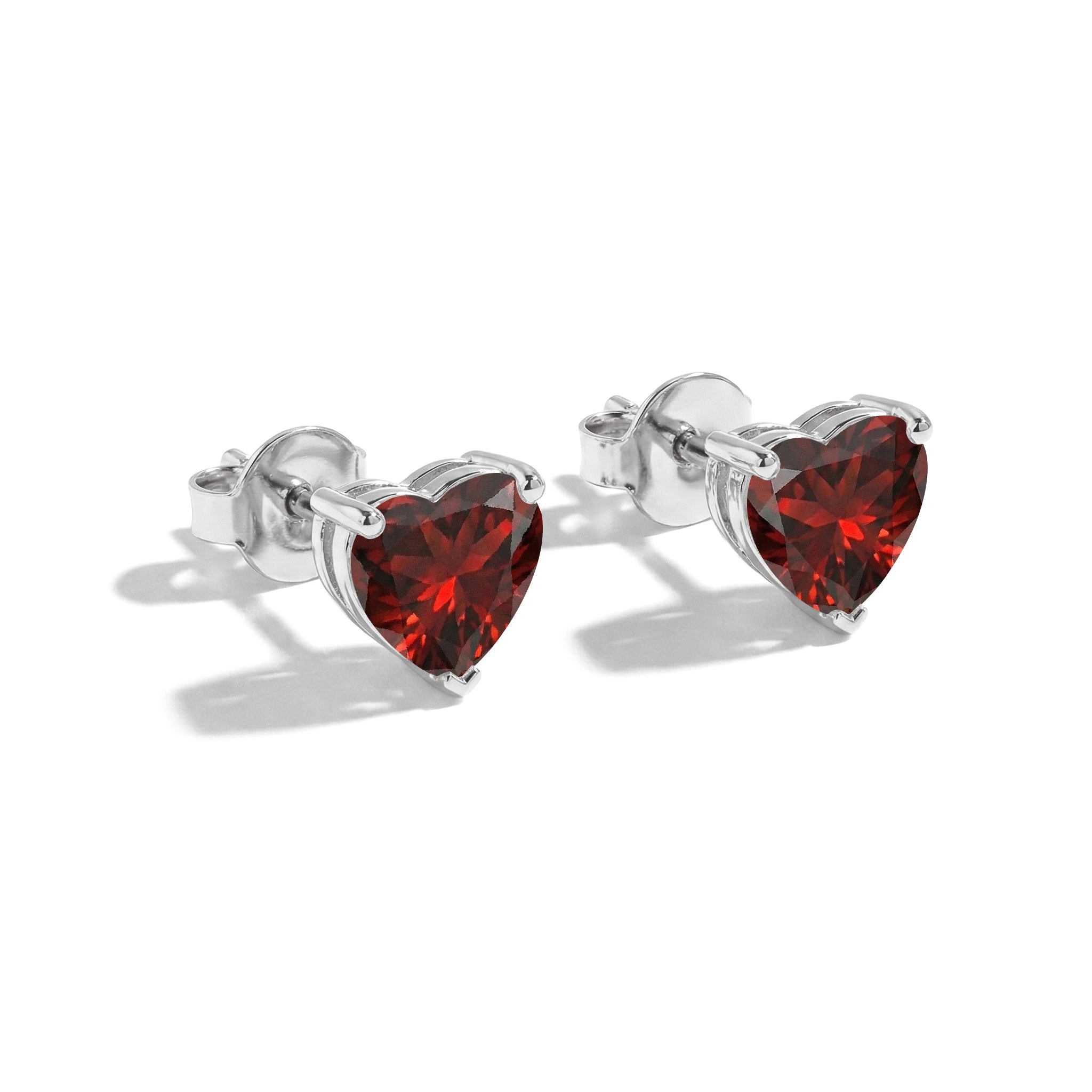 Heart garnet stud earrings romantic silver design
