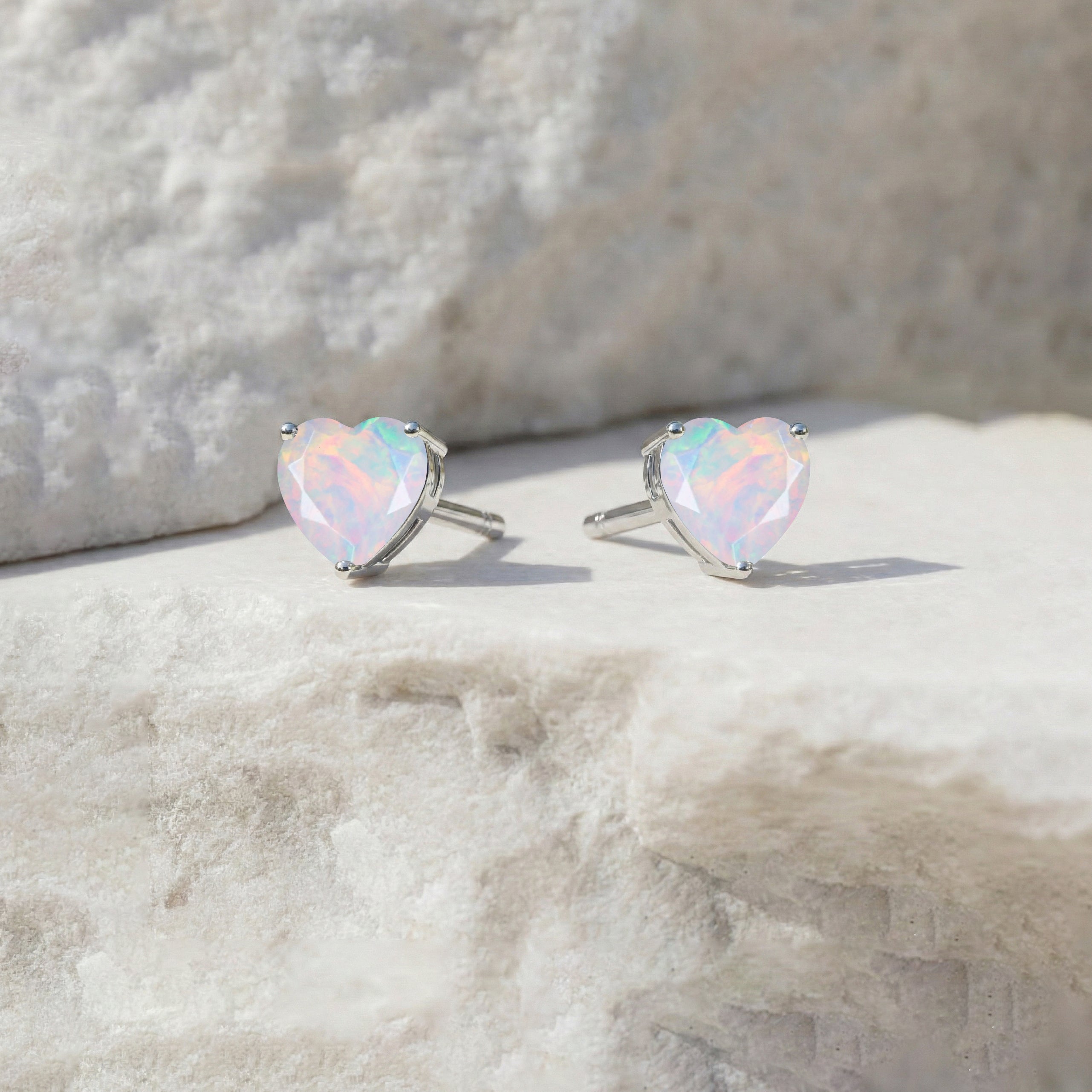 White Opal Heart Stud Earrings in 925 Sterling Silver 5.15ct
