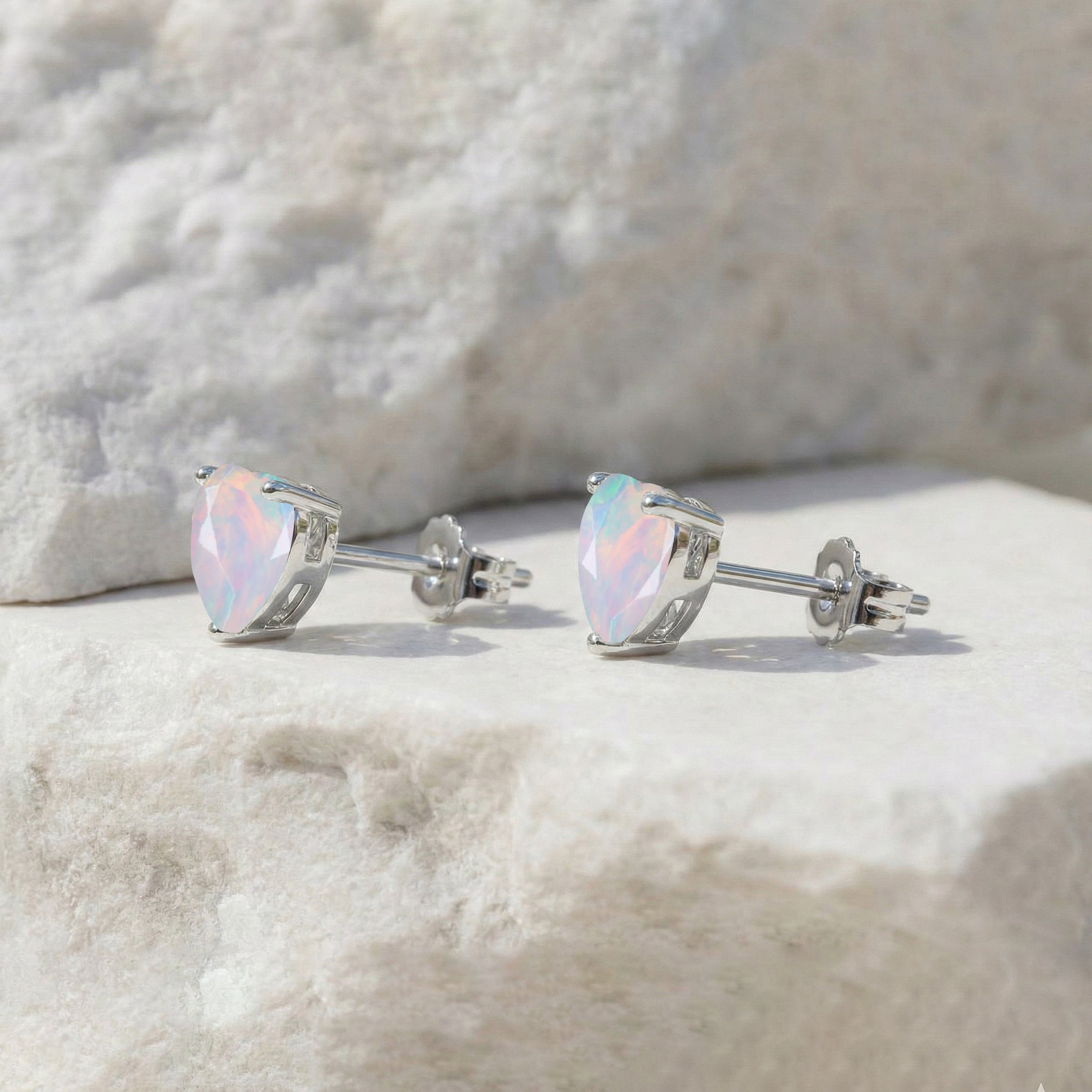 White Opal Heart Stud Earrings in 925 Sterling Silver 5.15ct
