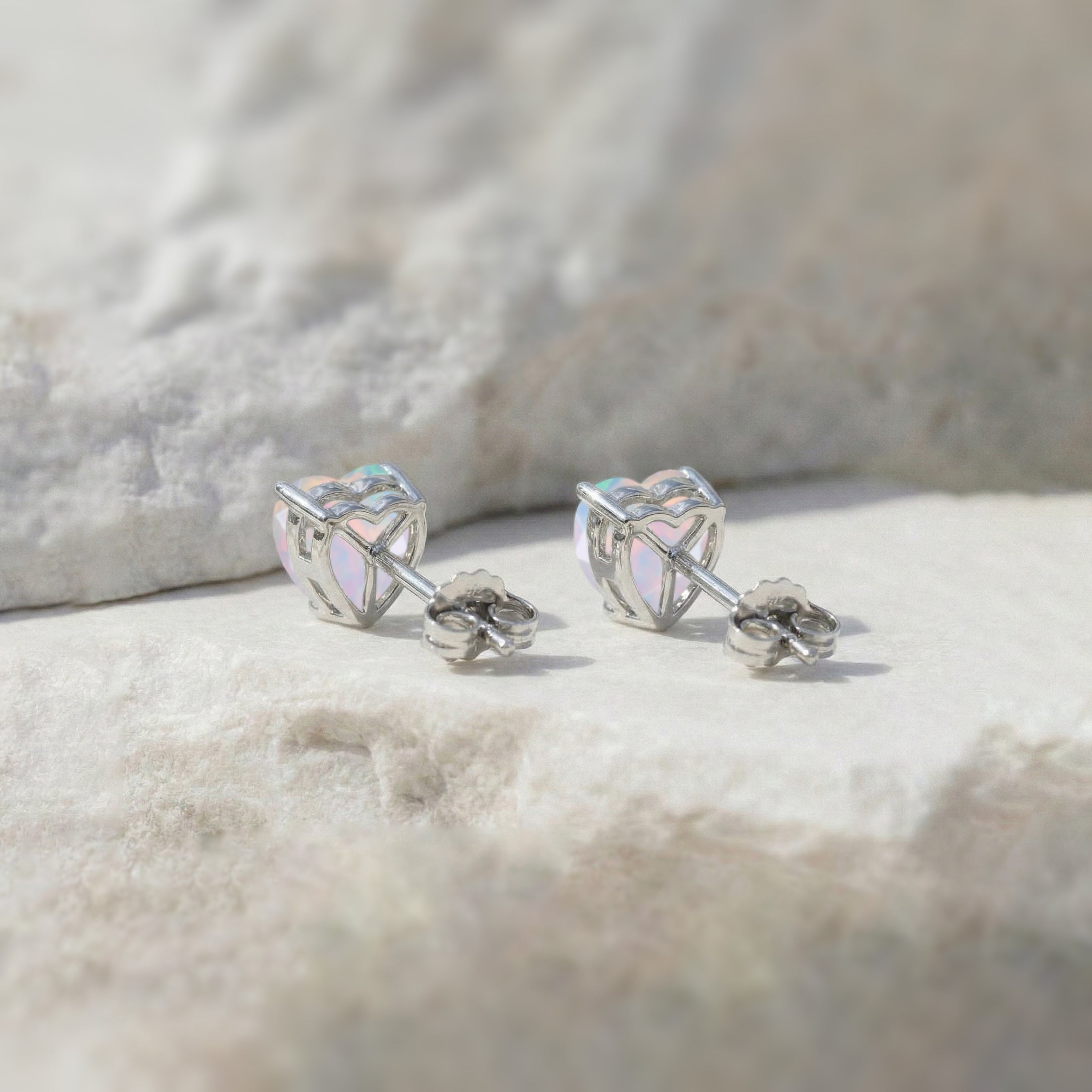 White Opal Heart Stud Earrings in 925 Sterling Silver 5.15ct
