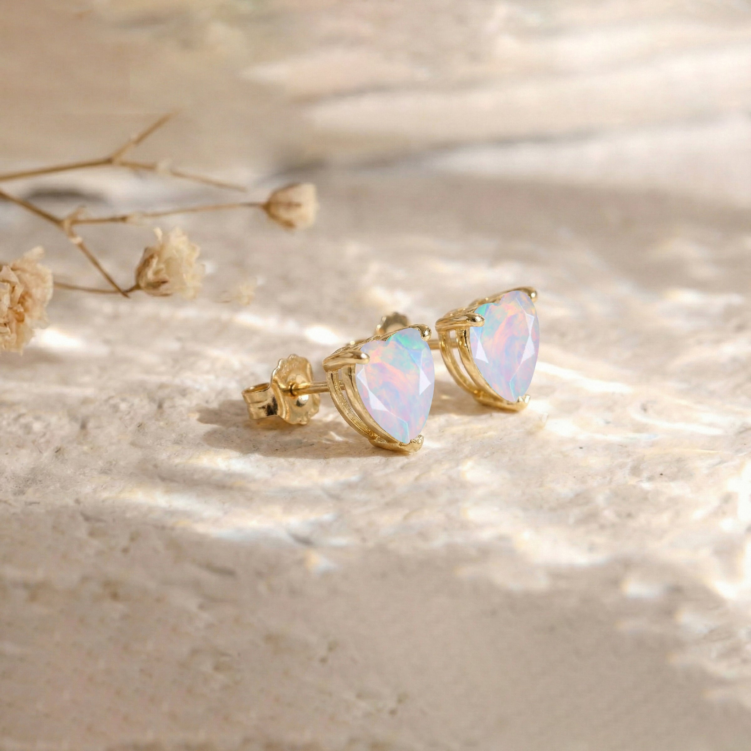 White Opal Heart Stud Earrings in 925 Sterling Silver 5.15ct
