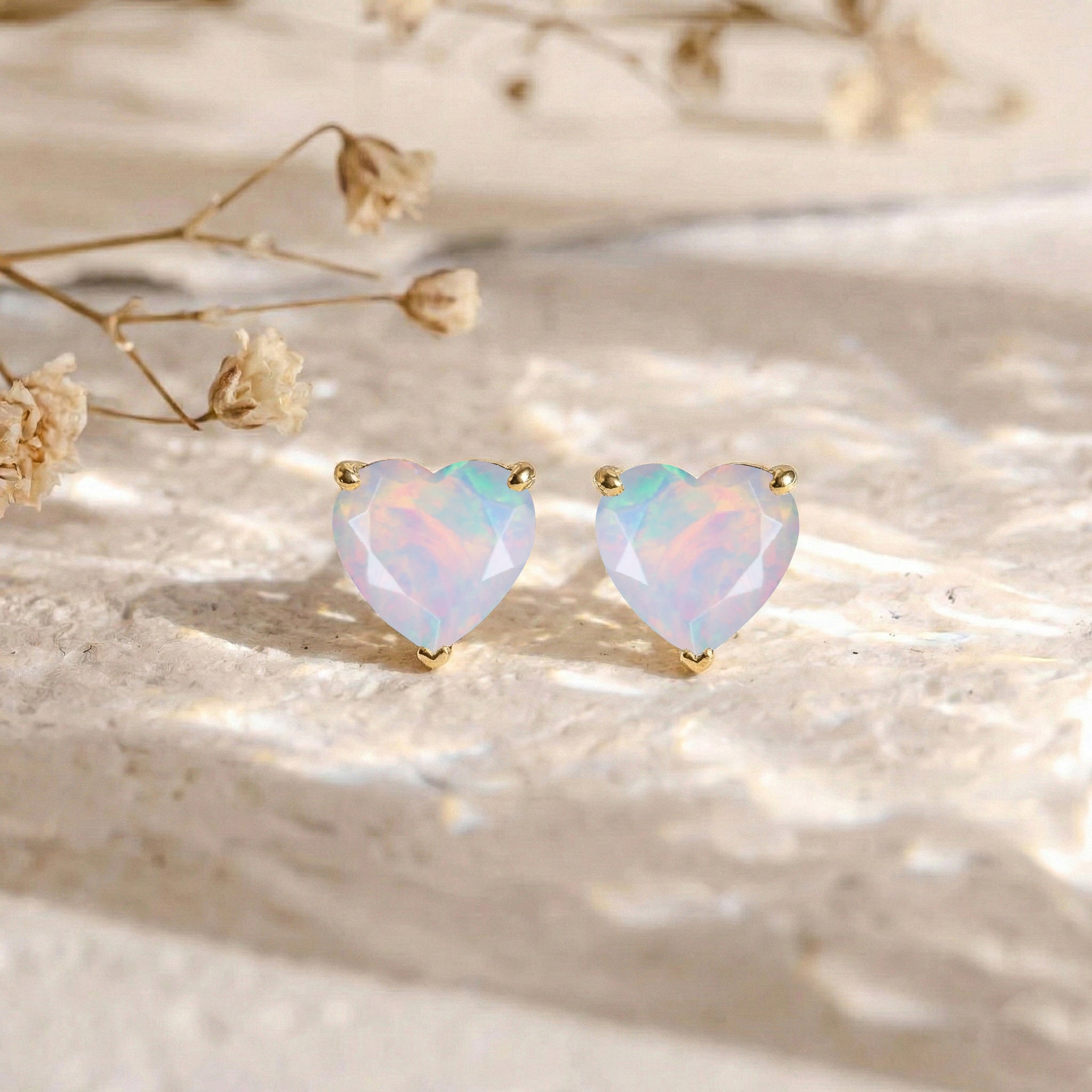 White Opal Heart Stud Earrings in 925 Sterling Silver 5.15ct
