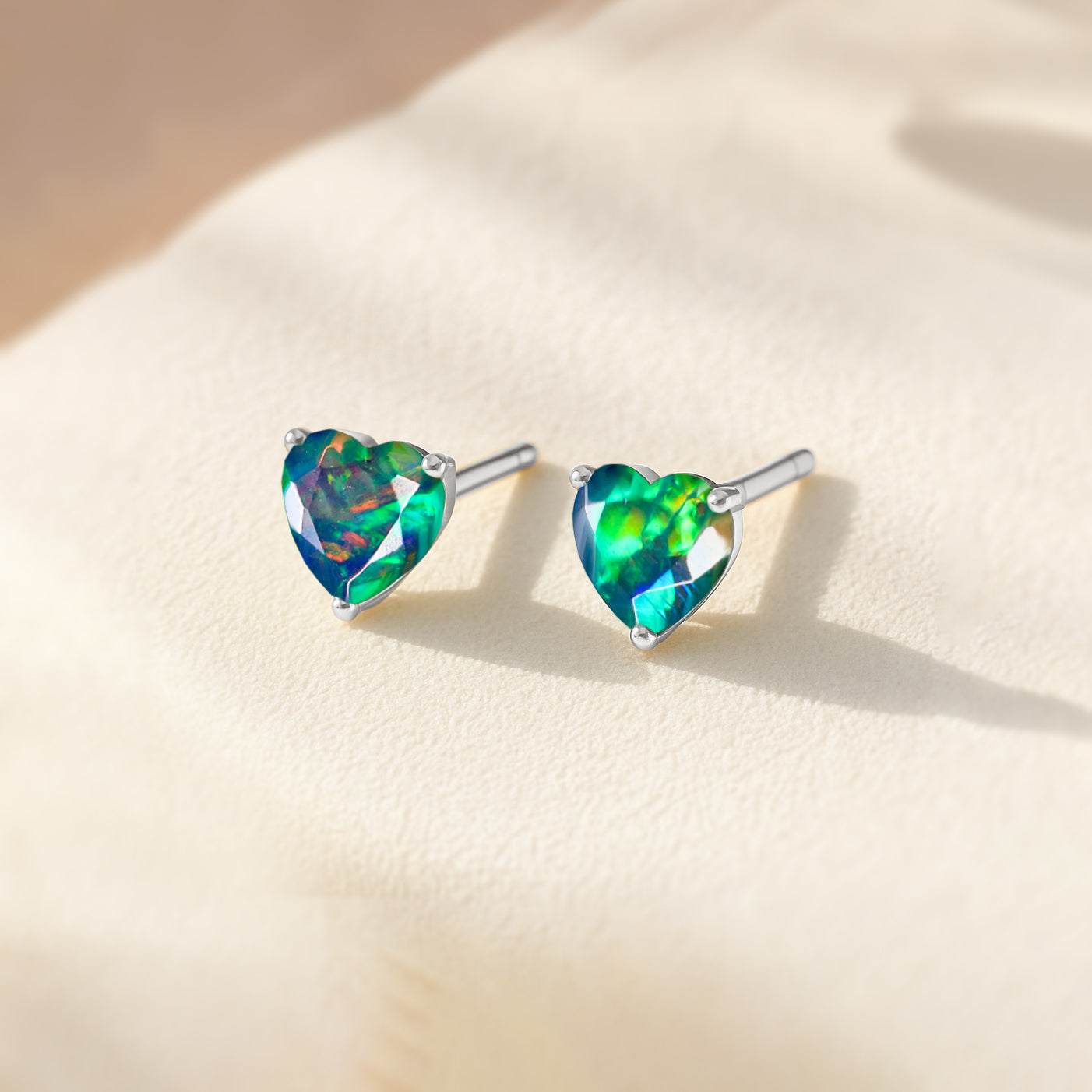 Black Opal Heart Stone Stud Earrings in 925 Sterling Silver