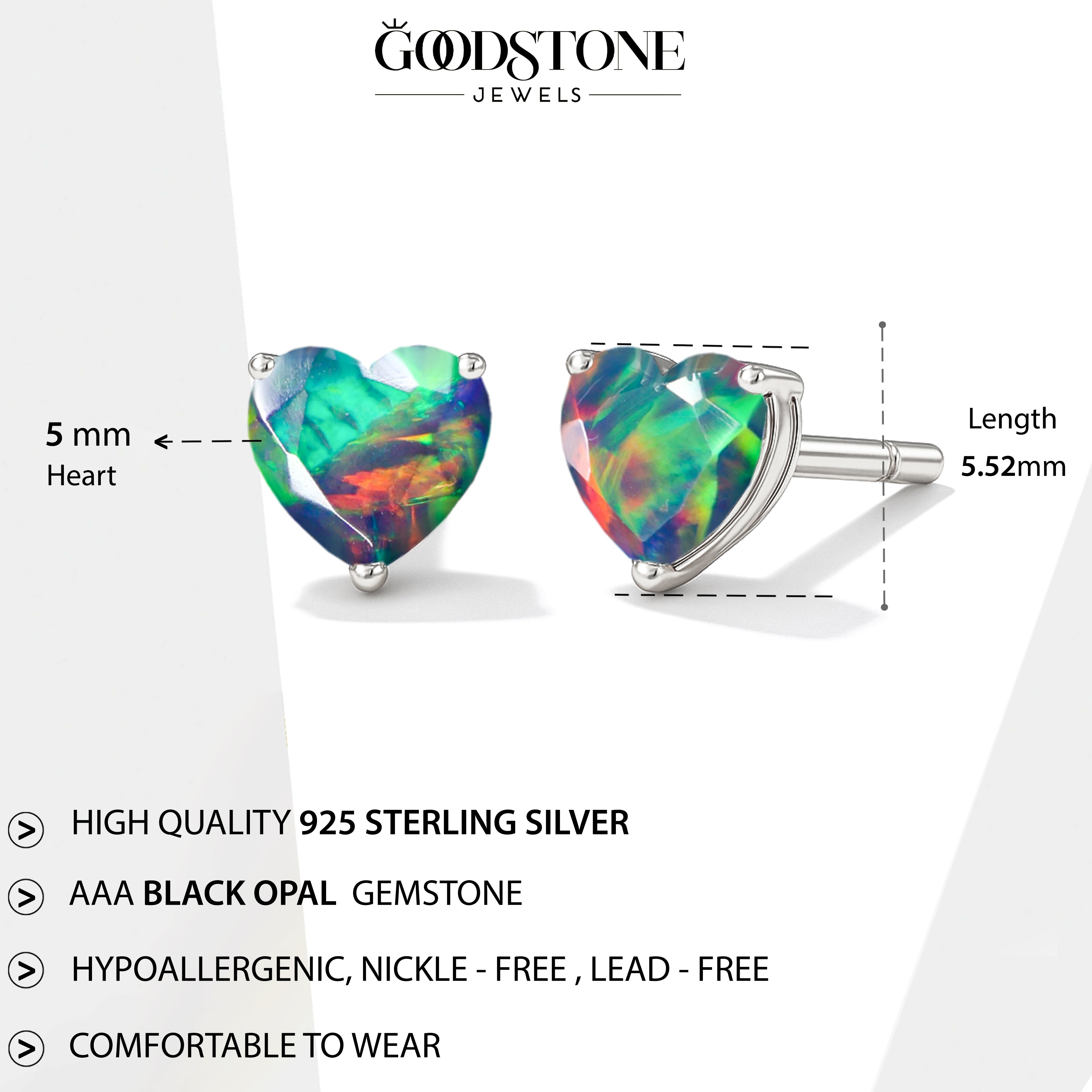 Black Opal Heart Stone Stud Earrings in 925 Sterling Silver