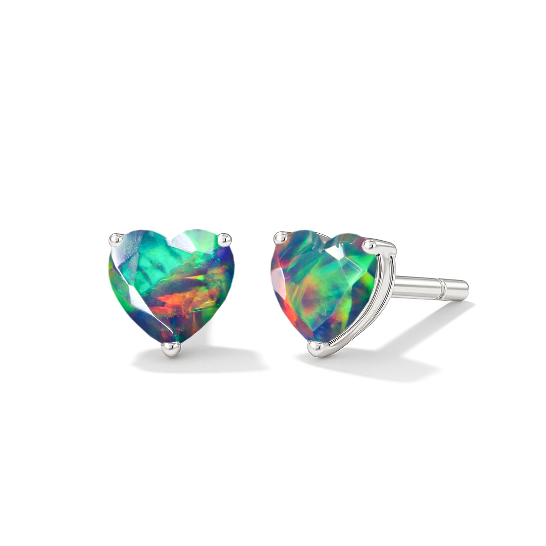 Real Black Opal Heart-Shape Stone Stud Earrings in 925 Sterling Silver