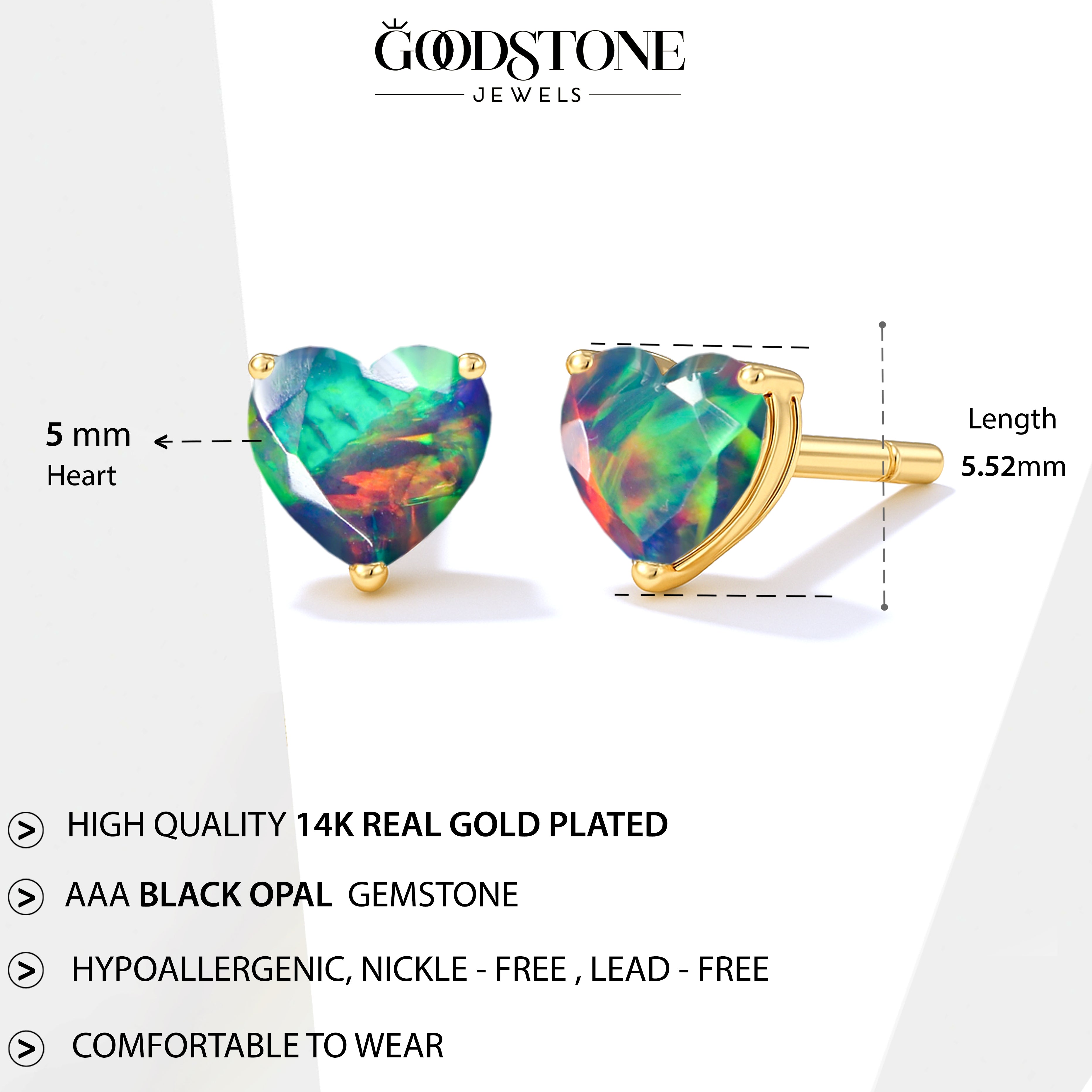 Black Opal Heart Stone Stud Earrings in 925 Sterling Silver