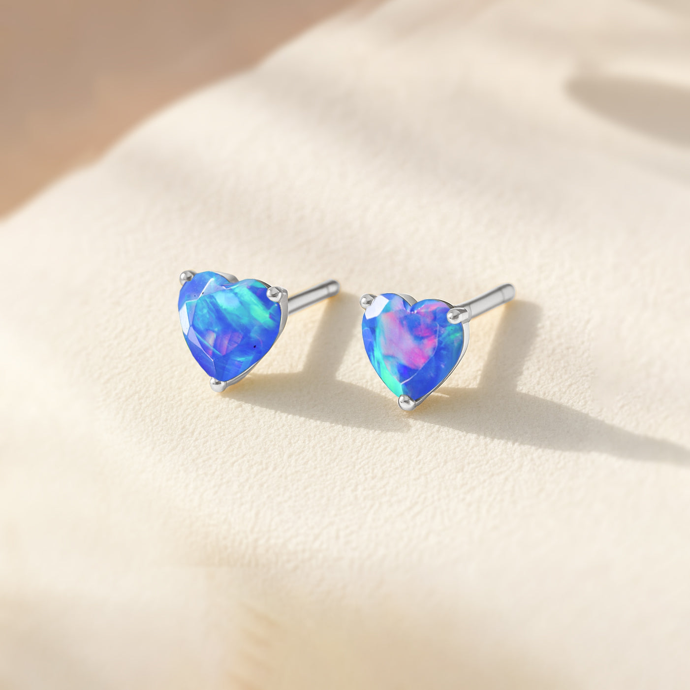 Blue Opal Heart Stone Stud Earrings in 925 Sterling Silver