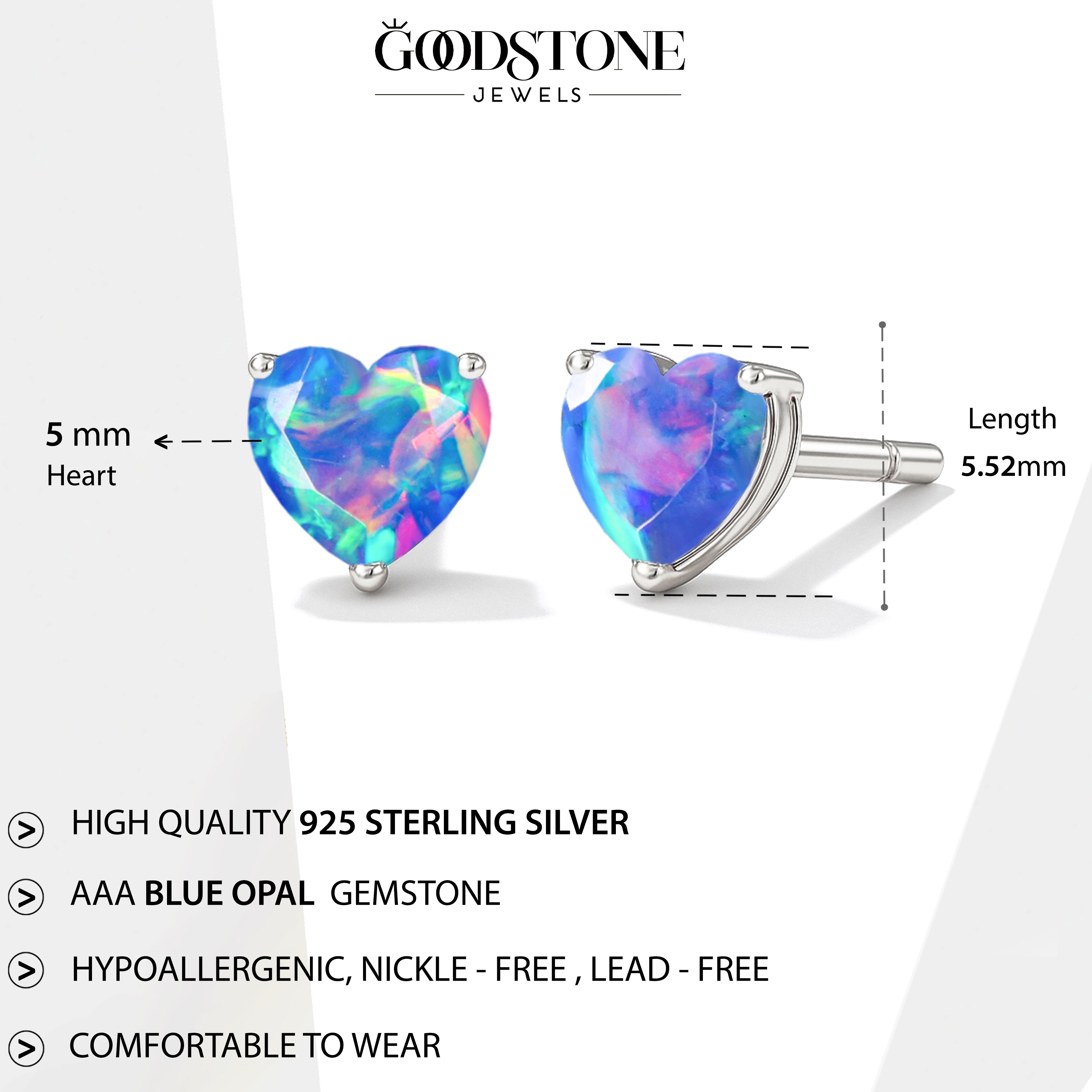 Blue Opal Heart Stone Stud Earrings in 925 Sterling Silver