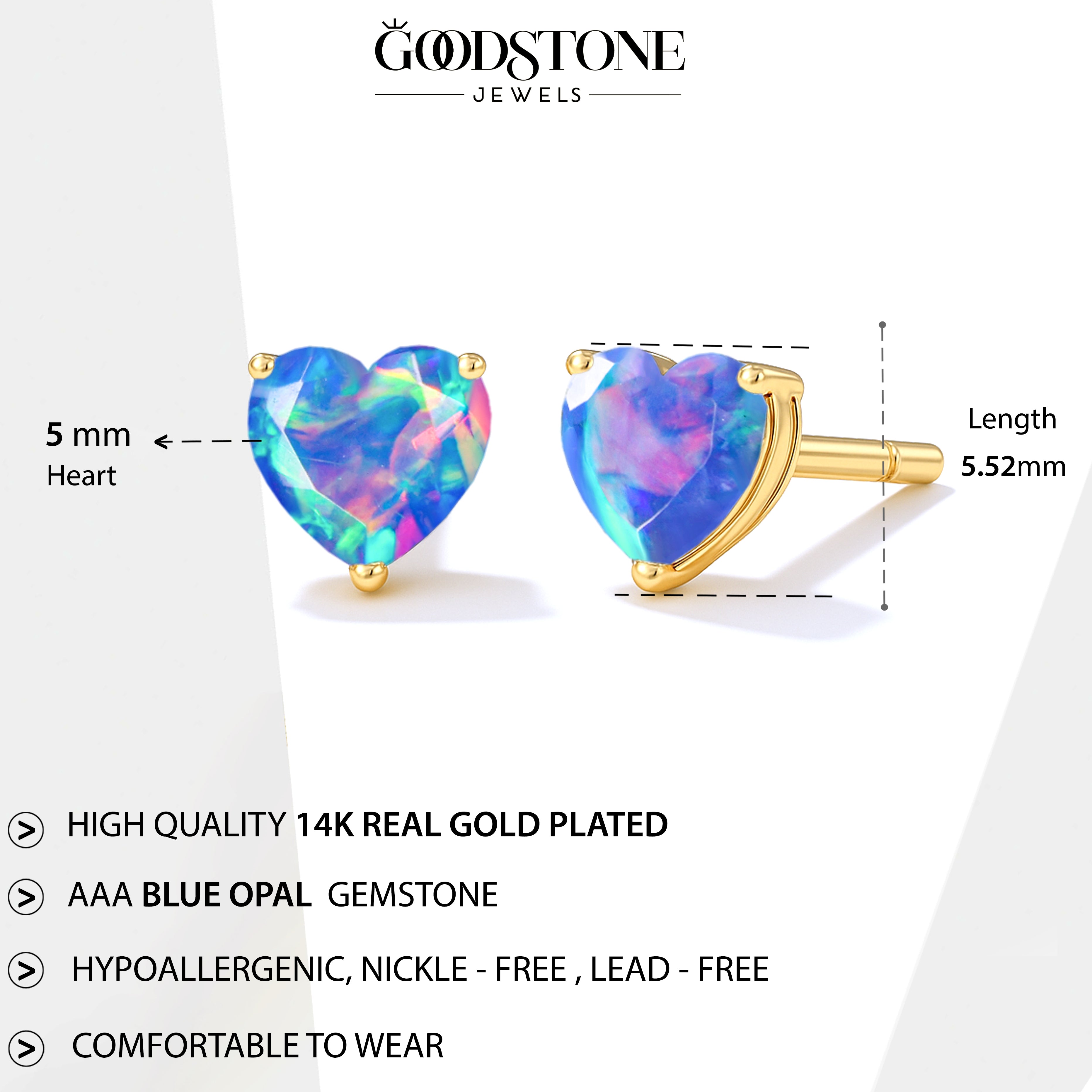 Blue Opal Heart Stone Stud Earrings in 925 Sterling Silver