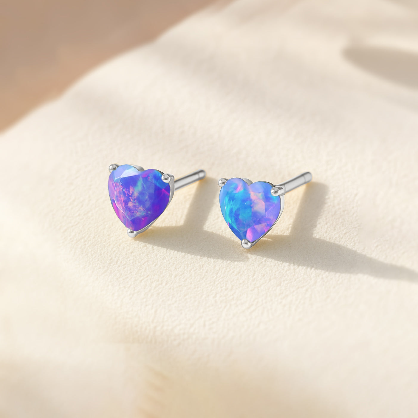 Lavender Opal Heart Stone Stud Earrings in 925 Sterling Silver
