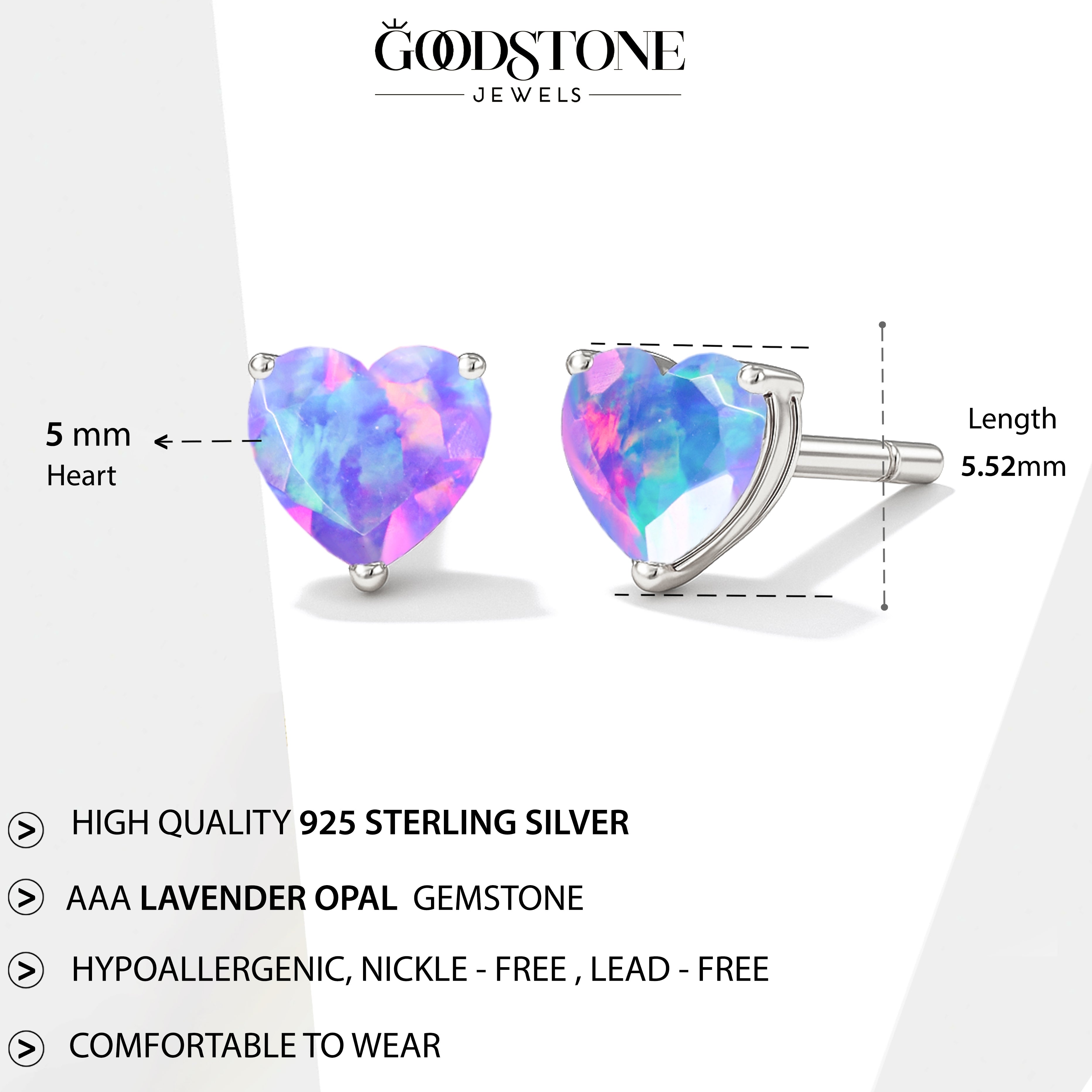 Lavender Opal Heart Stone Stud Earrings in 925 Sterling Silver
