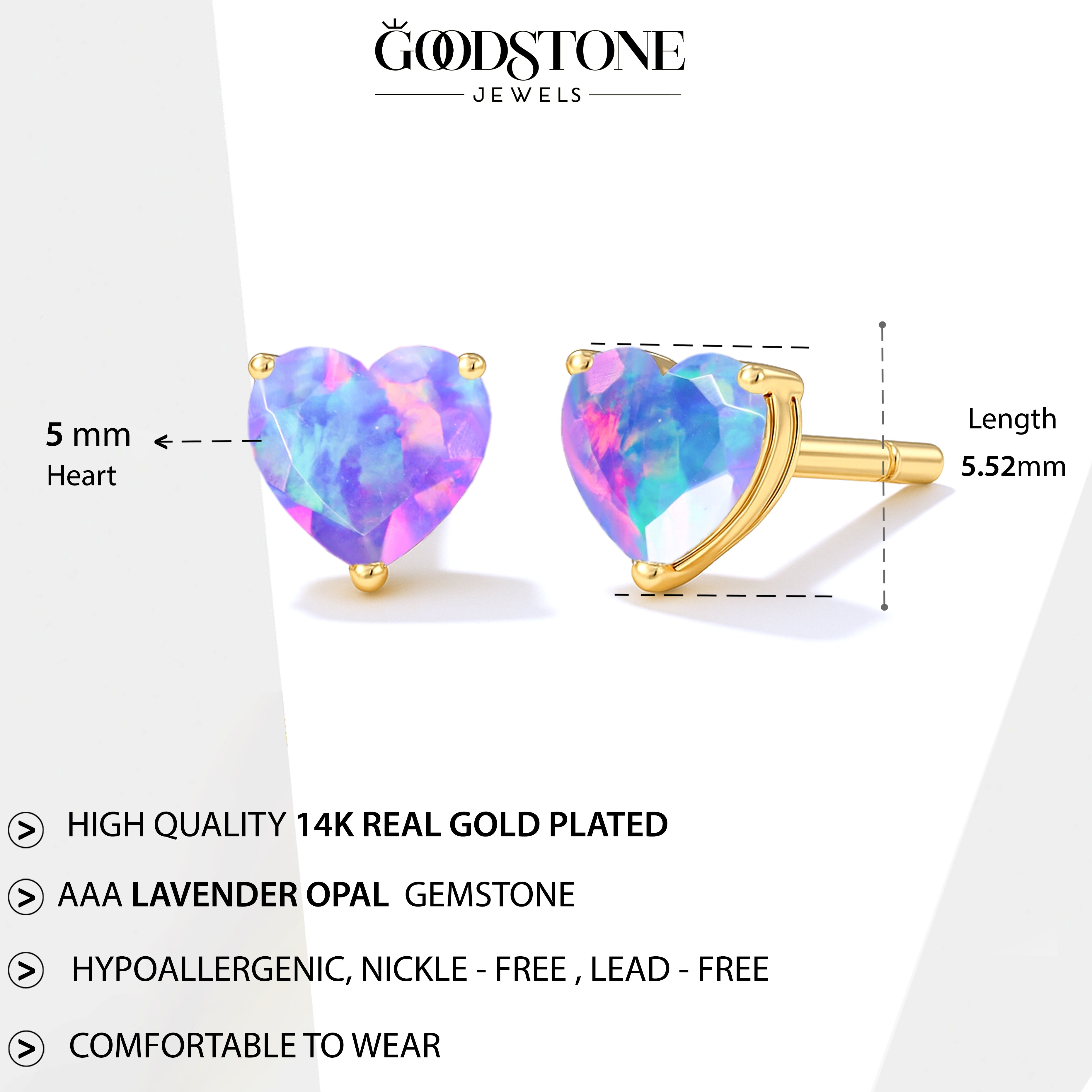Lavender Opal Heart Stone Stud Earrings in 925 Sterling Silver