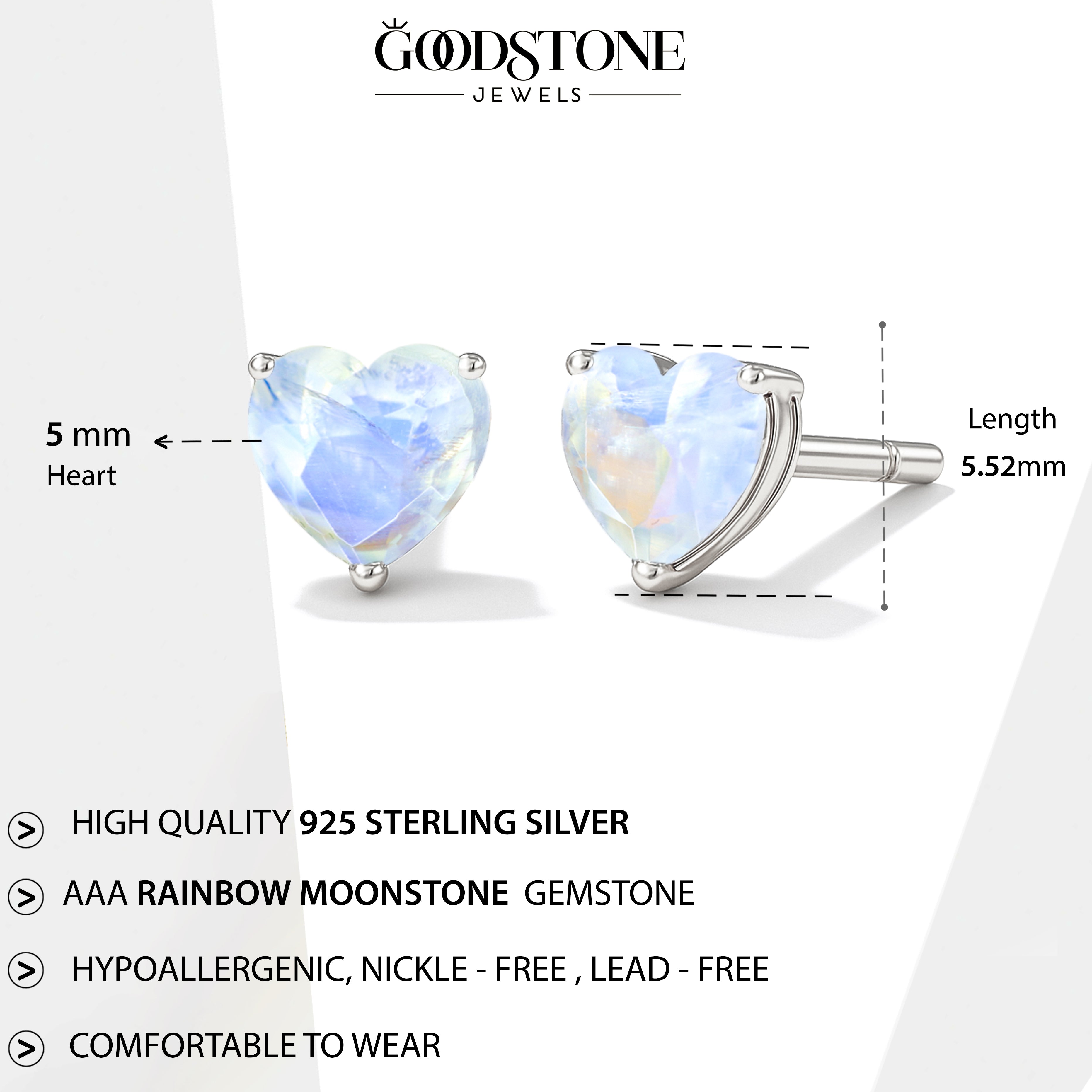 Moonstone Heart Stone Stud Earrings in 925 Sterling Silver