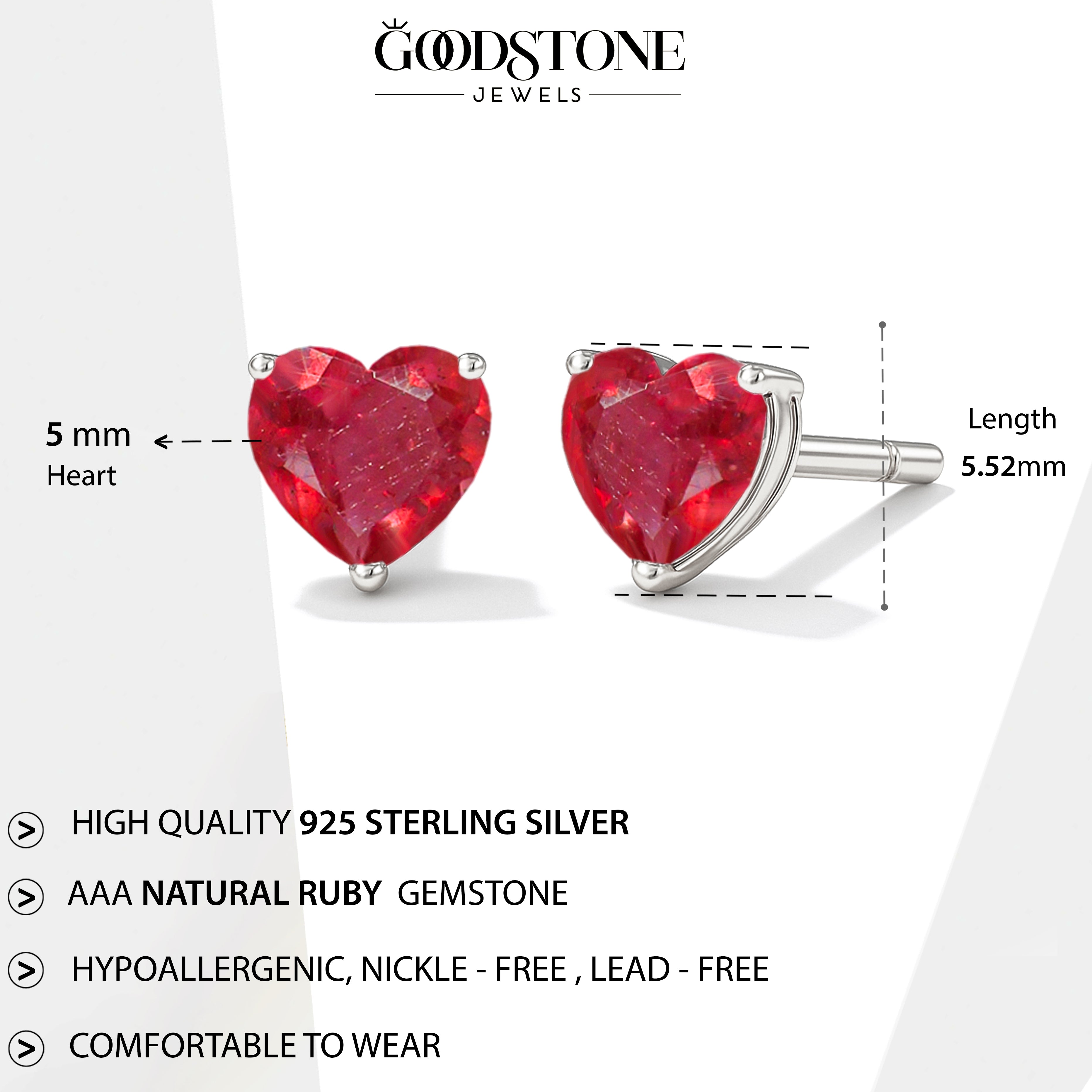 Ruby Heart Stone Stud Earrings in 925 Sterling Silver