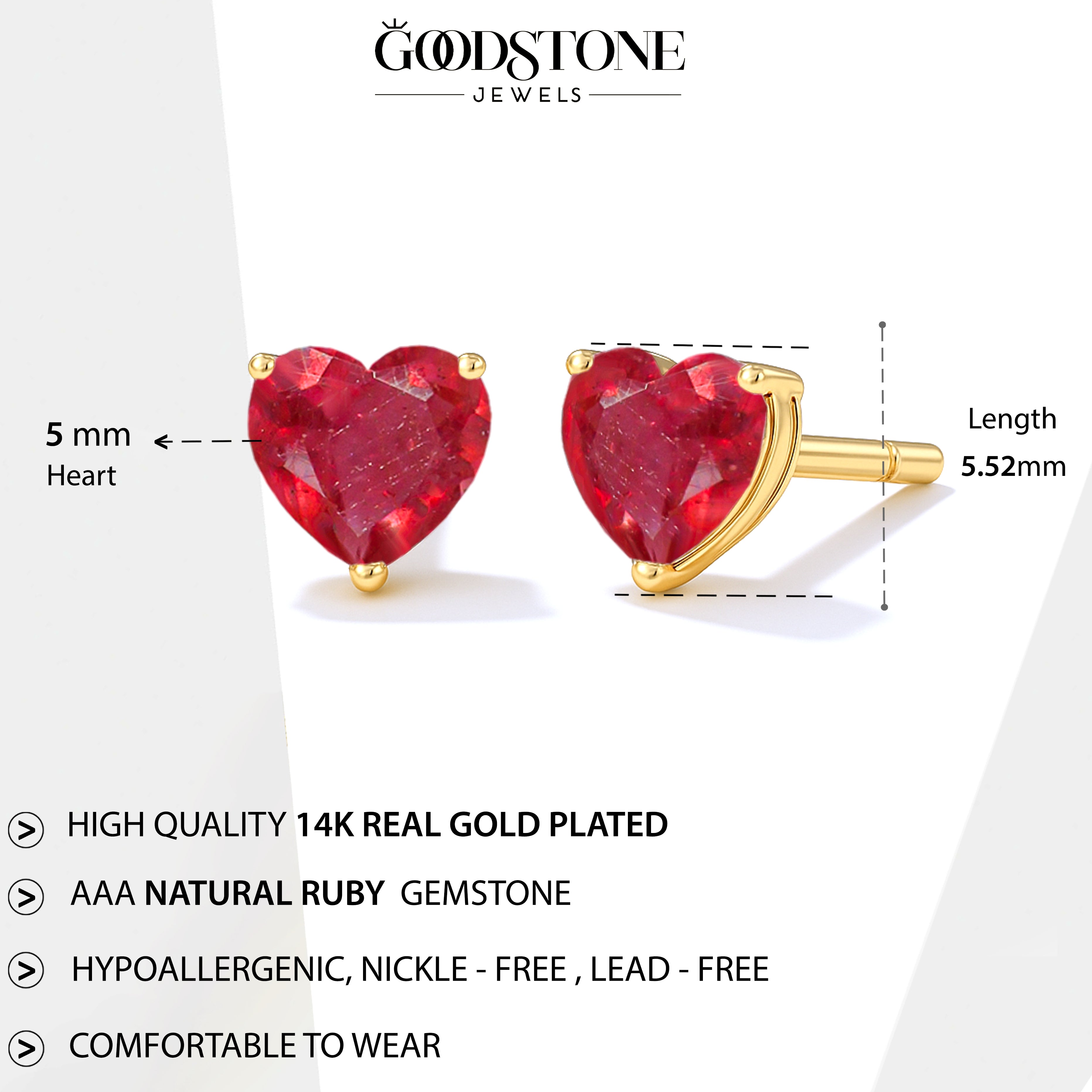 Ruby Heart Stone Stud Earrings in 925 Sterling Silver
