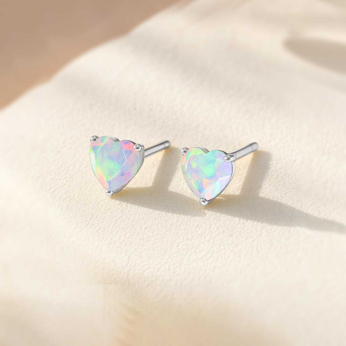 White Opal Heart Stone Stud Earrings in 925 Sterling Silver