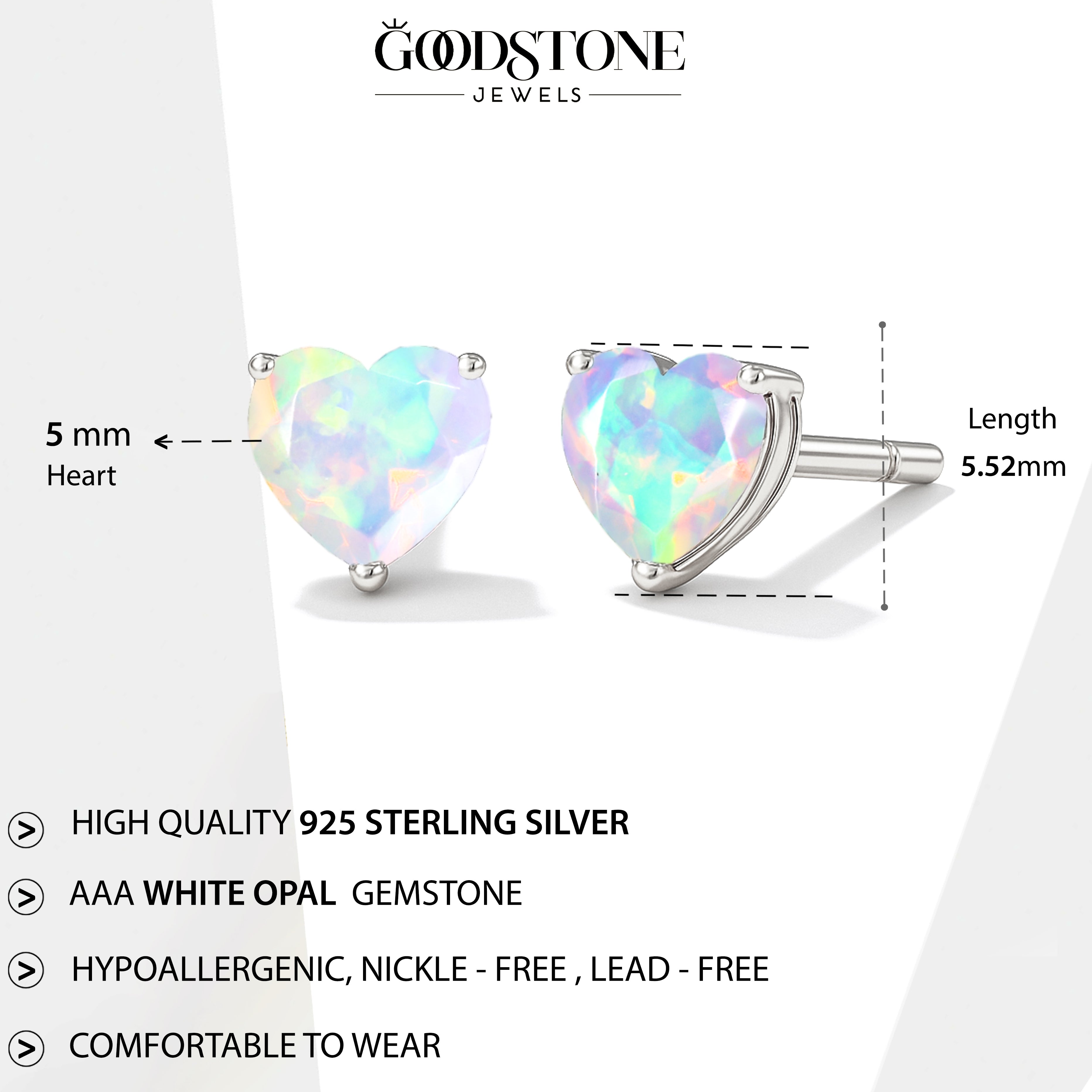 White Opal Heart Stone Stud Earrings in 925 Sterling Silver