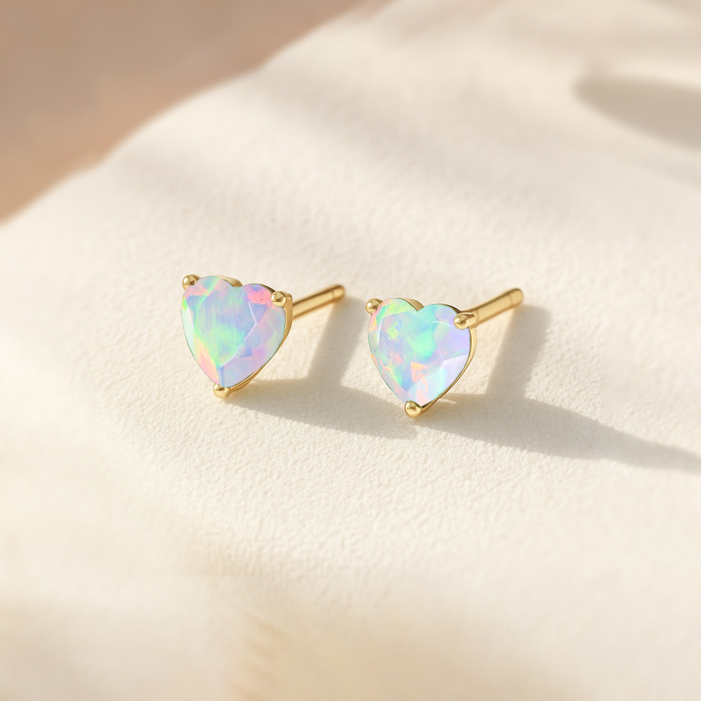 White Opal Heart Stone Stud Earrings in 925 Sterling Silver