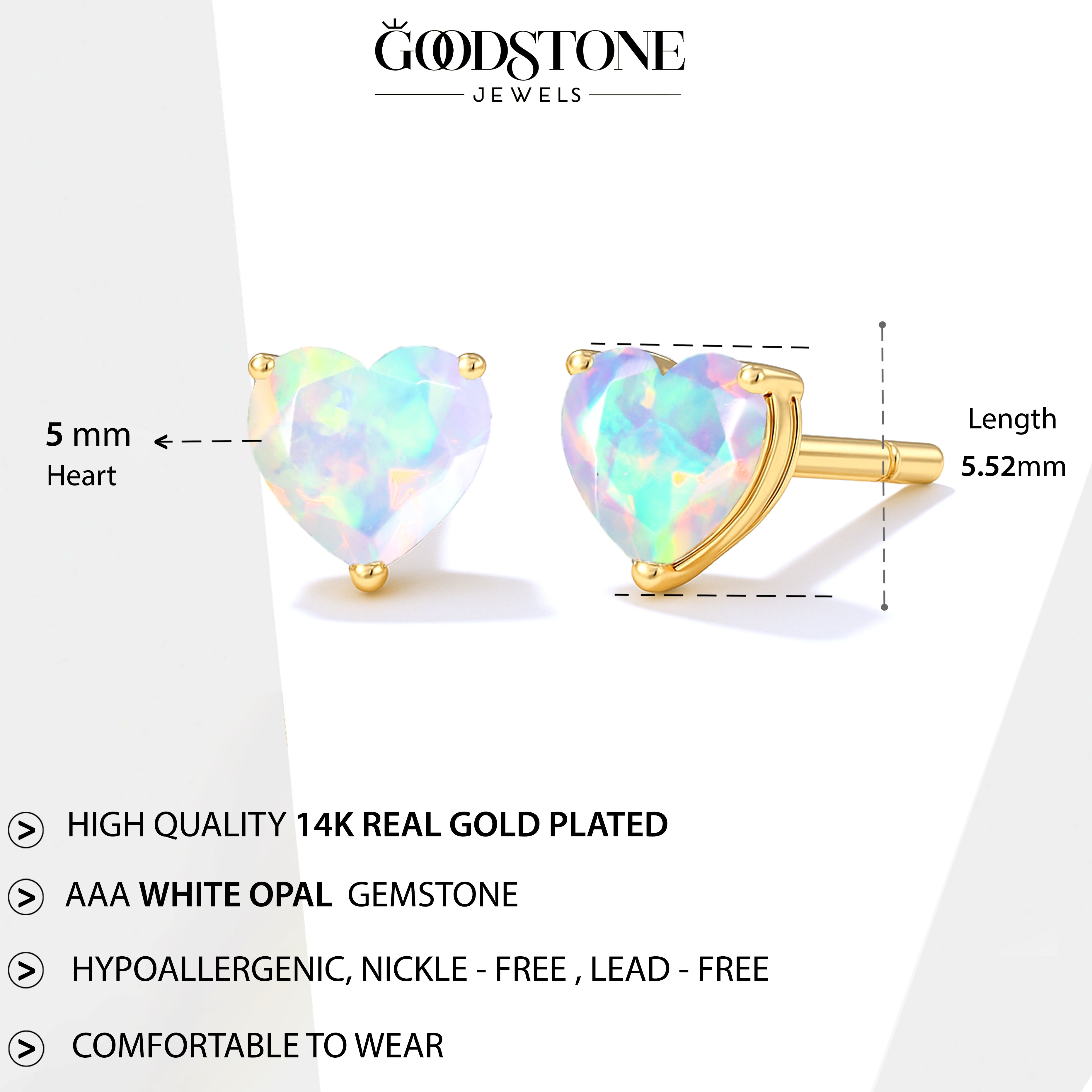 White Opal Heart Stone Stud Earrings in 925 Sterling Silver