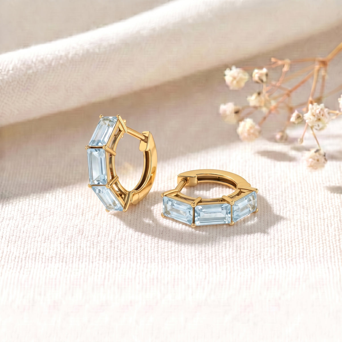 Aquamarine Baguette Hoop Earrings, 14K Gold Plated Huggies, March Birthstone Jewelry