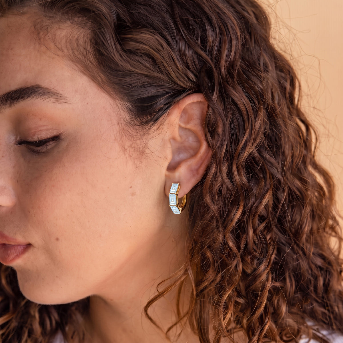 Aquamarine Baguette Hoop Earrings, 14K Gold Plated Huggies, March Birthstone Jewelry