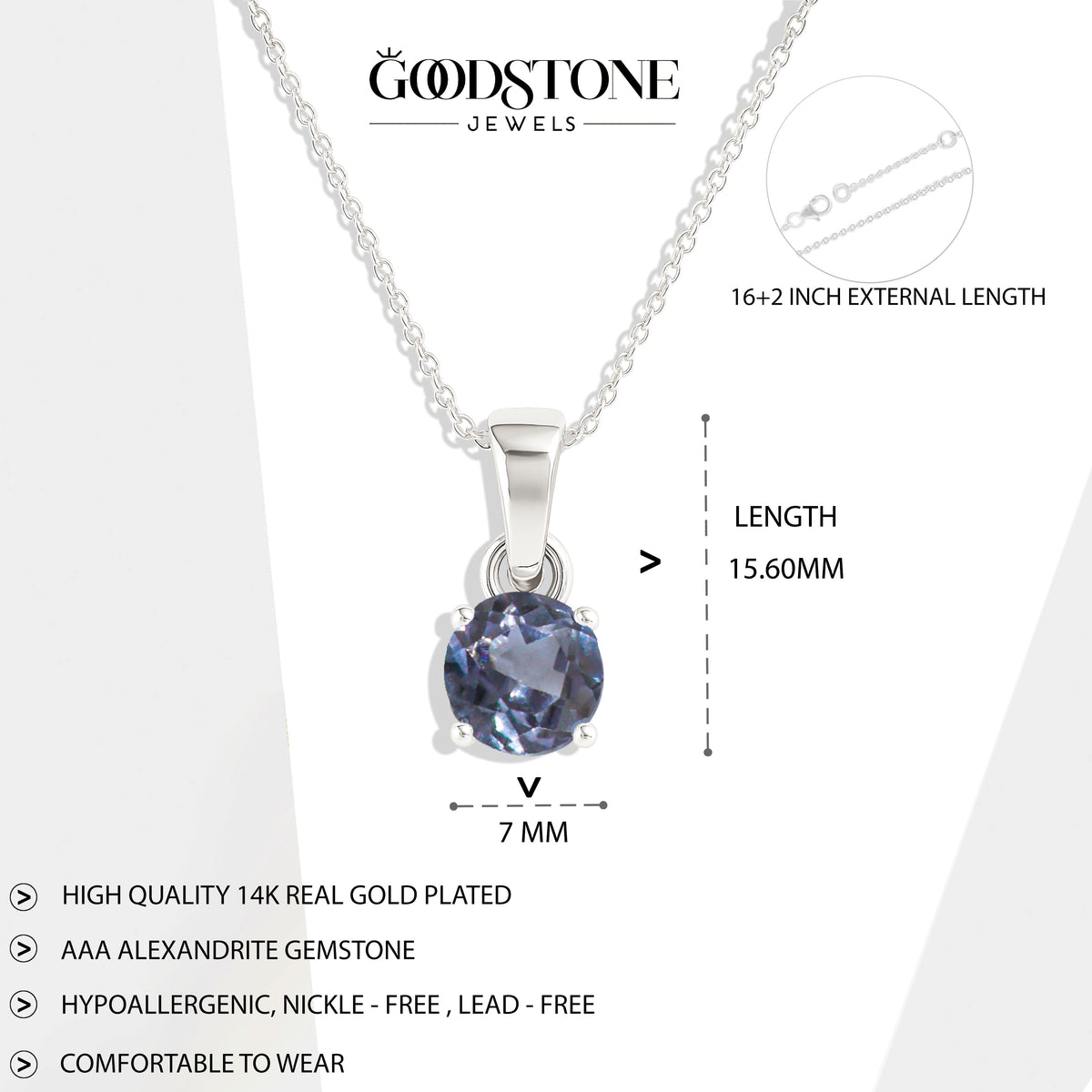 Alexandrite Teardrop Pendant Necklace in 925 Sterling Silver 7mm 1.5ct