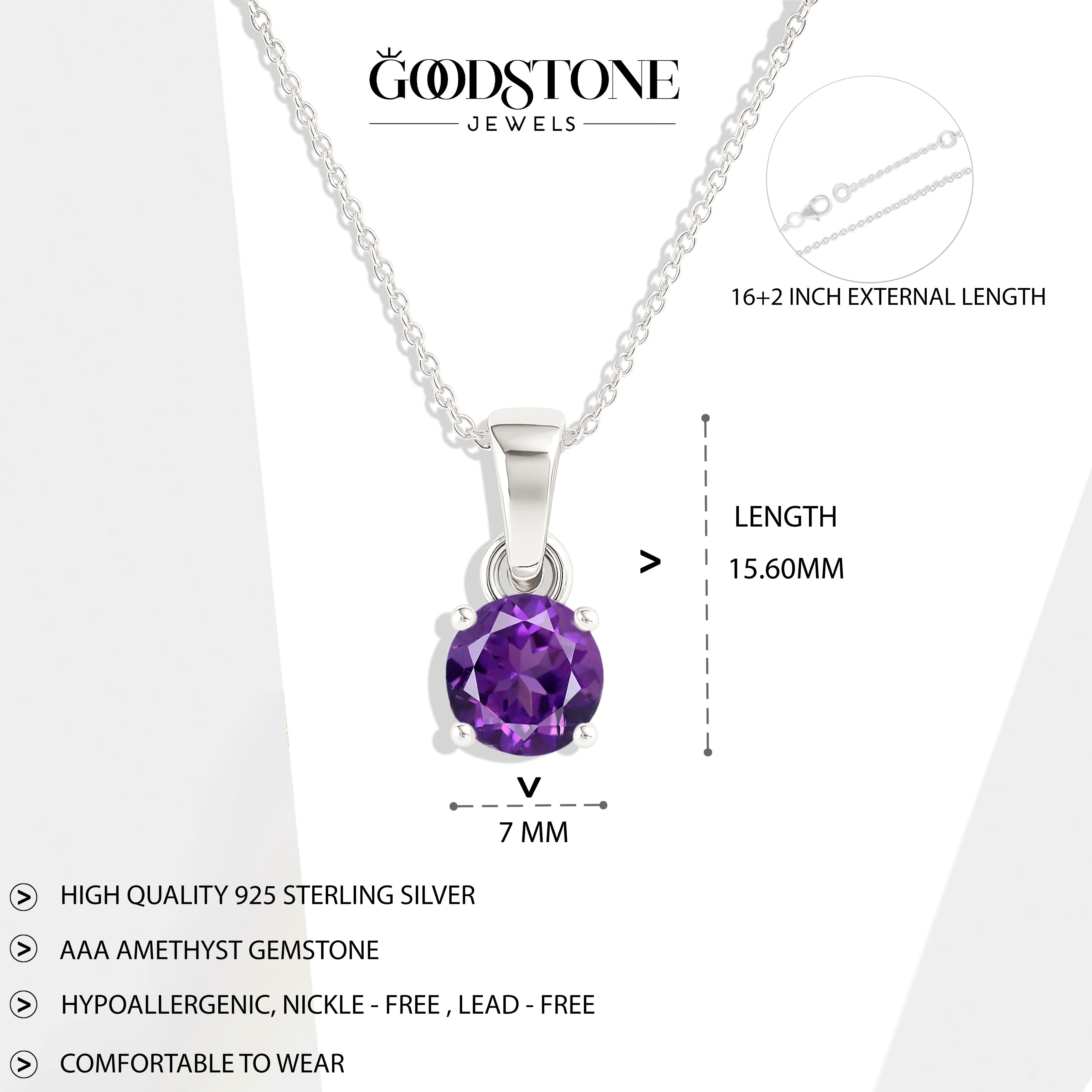 Amethyst Round Solitaire Pendant Necklace in 925 Sterling Silver 7 MM 1.5ct