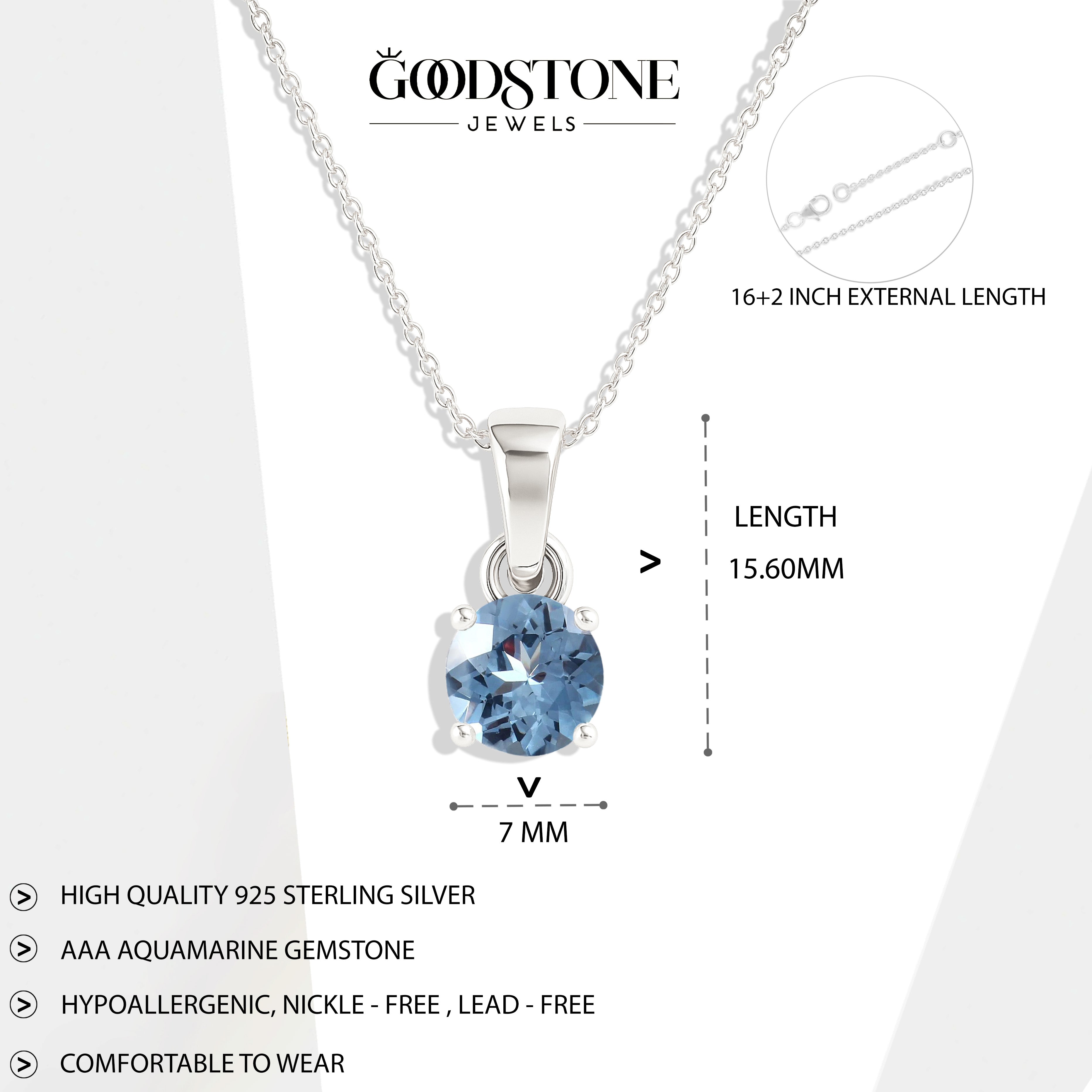 Aquamarine Round Solitaire Pendant Necklace in 925 Sterling Silver 7 MM 1.5ct