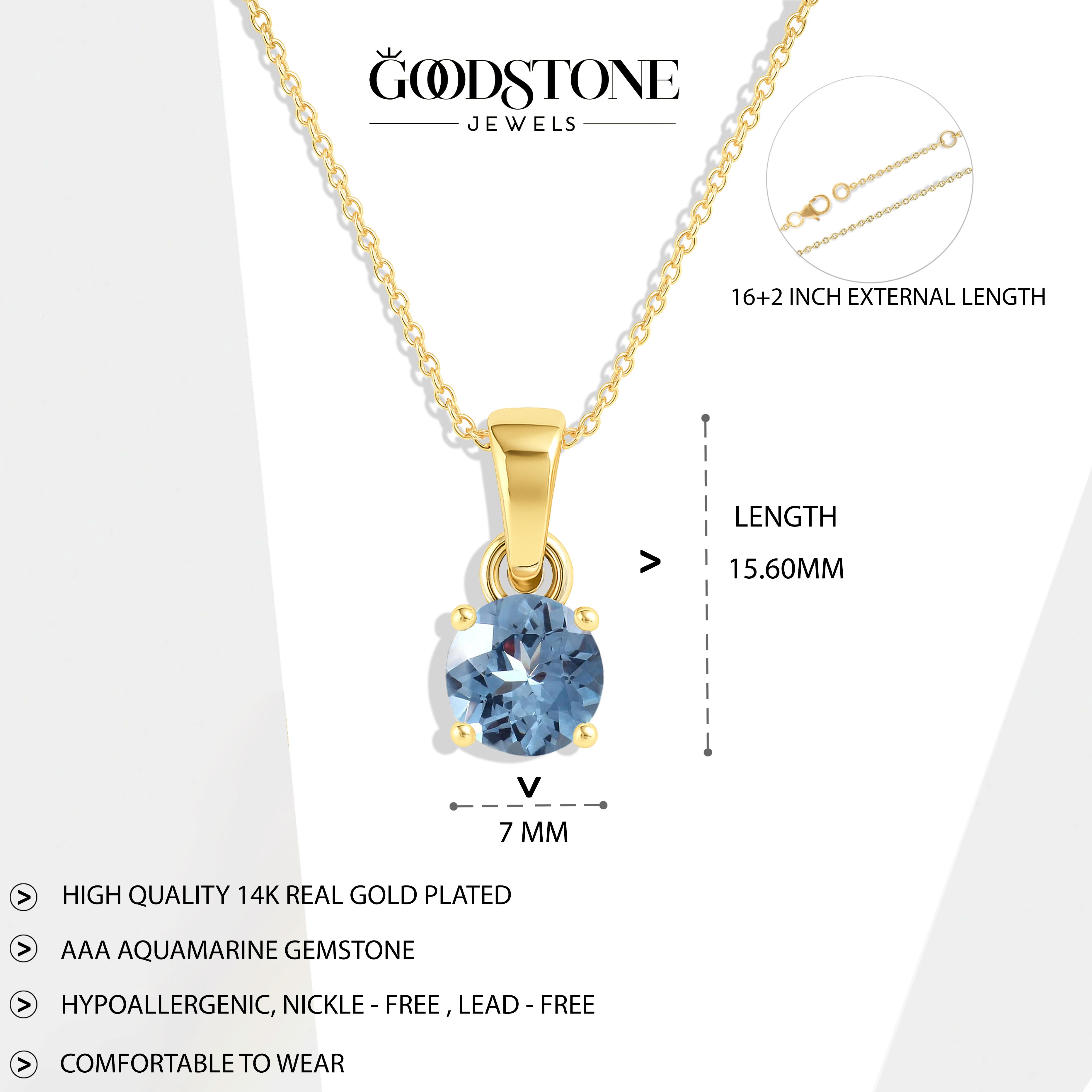 Aquamarine Round Solitaire Pendant Necklace in 925 Sterling Silver 7 MM 1.5ct