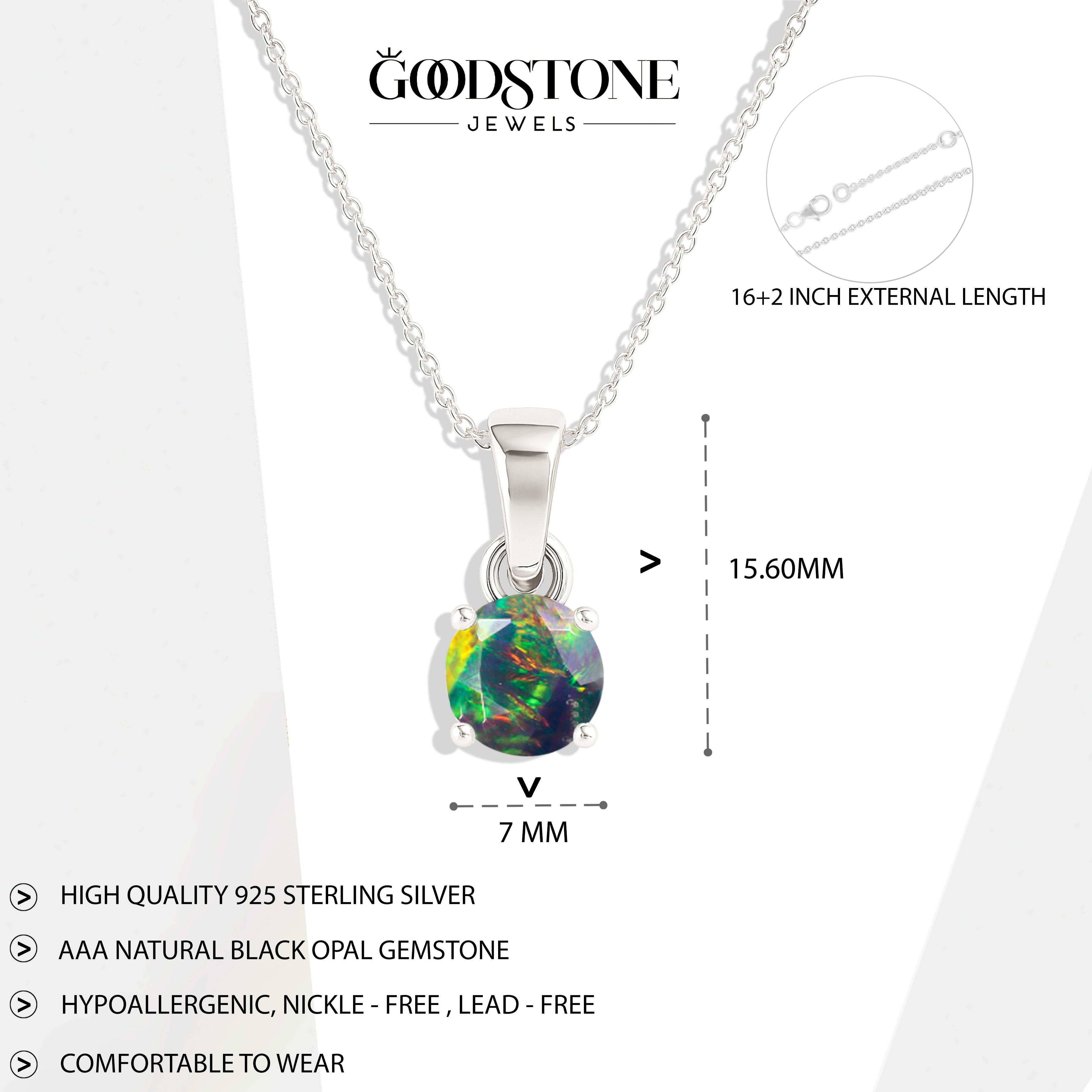 Black Opal Teardrop Pendant Necklace in 925 Sterling Silver 7mm 1.2ct