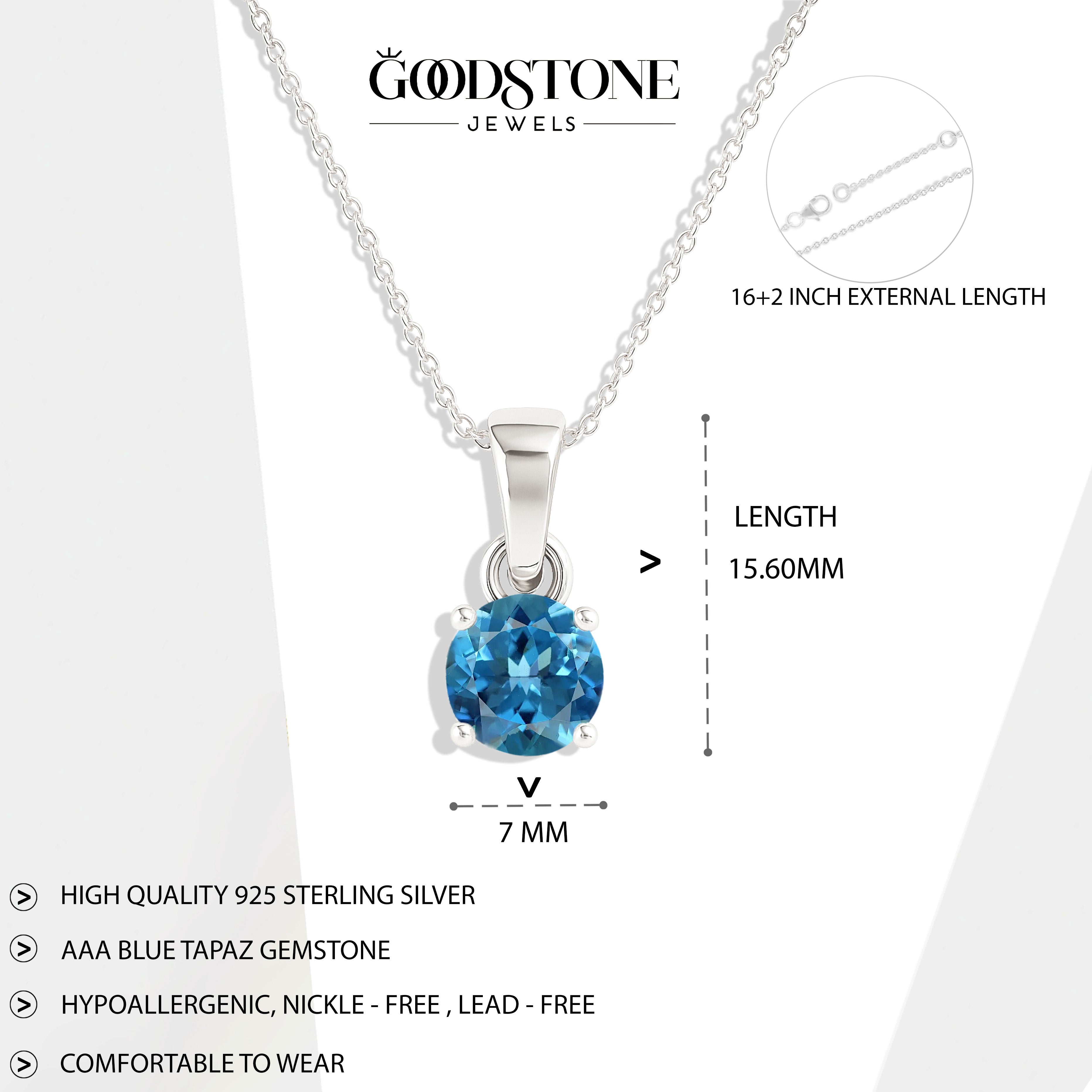 Blue Topaz Round Solitaire Pendant Necklace in 925 Sterling Silver 7 MM 1.5ct