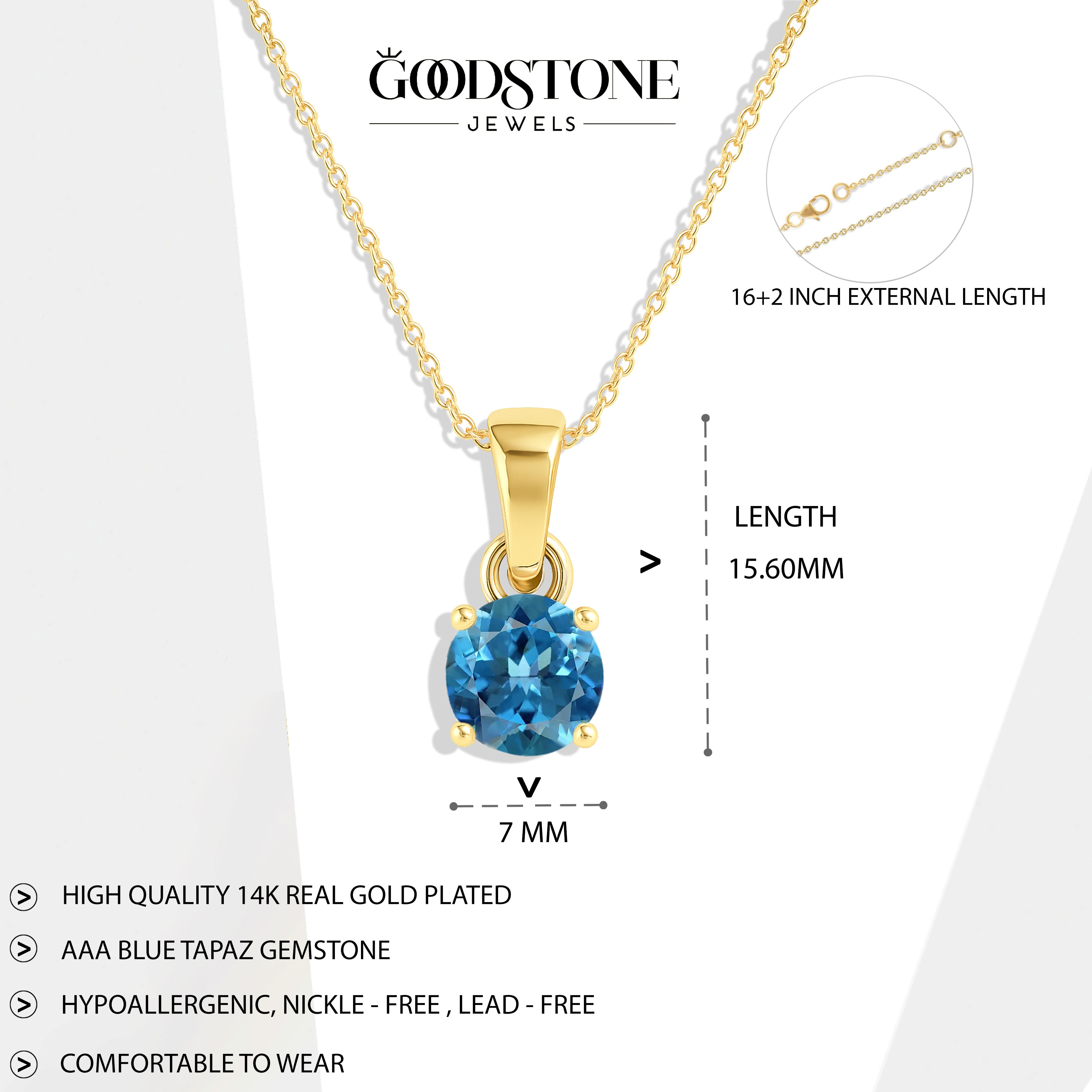 Blue Topaz Round Solitaire Pendant Necklace in 925 Sterling Silver 7 MM 1.5ct