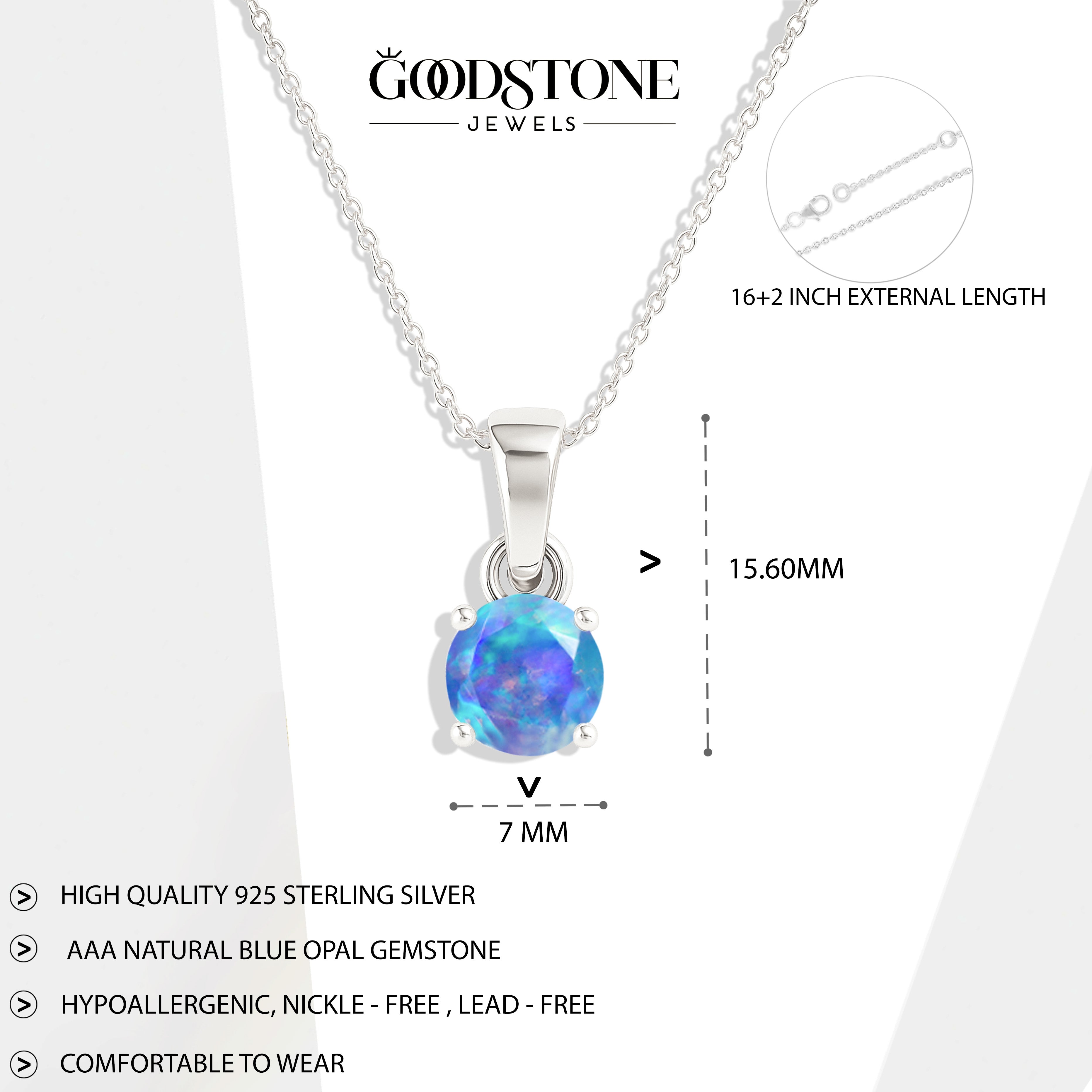 Blue Opal Teardrop Pendant Necklace in 925 Sterling Silver 7mm 1.2ct