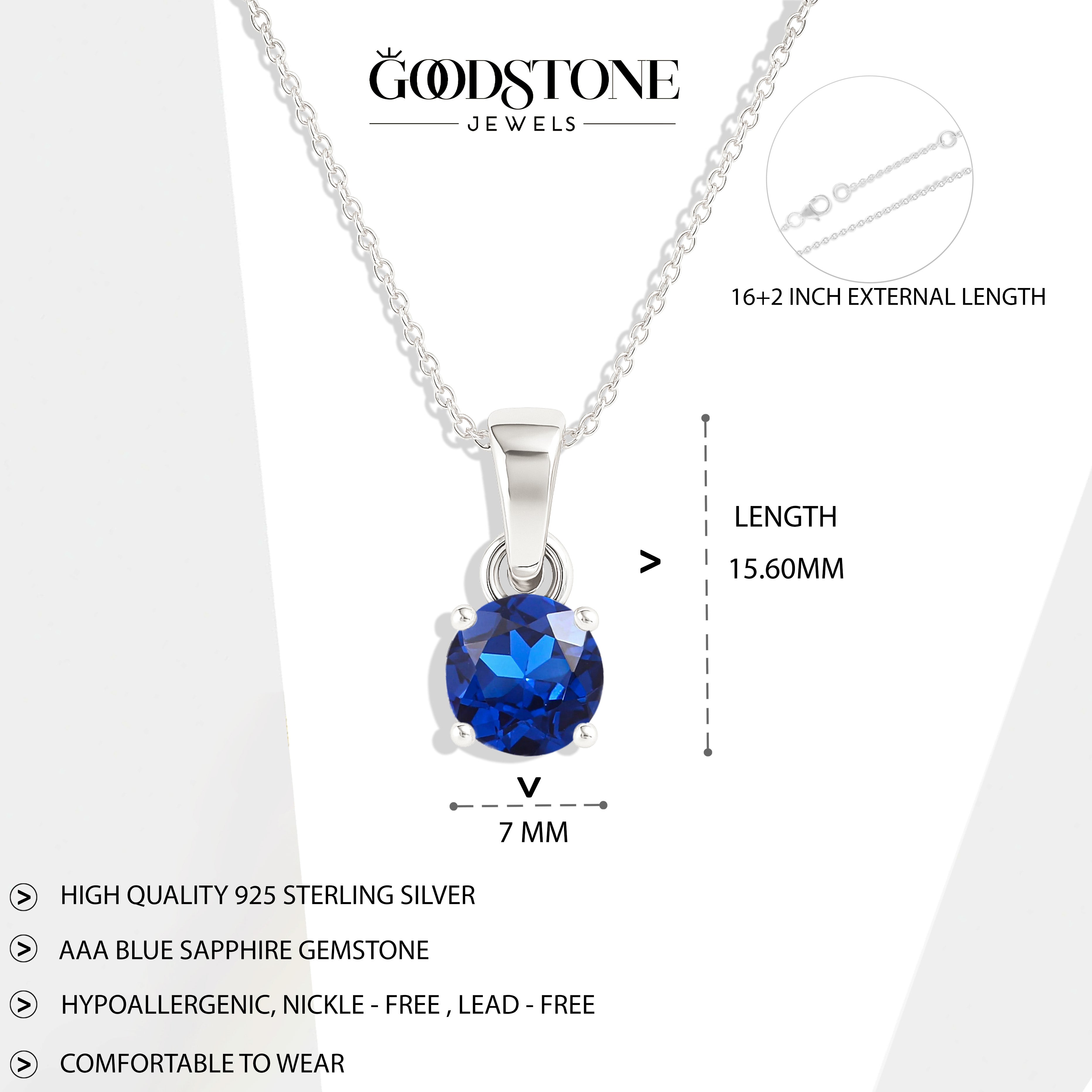 Blue Sapphire Round Solitaire Pendant Necklace in 925 Sterling Silver 7 MM 1.5ct