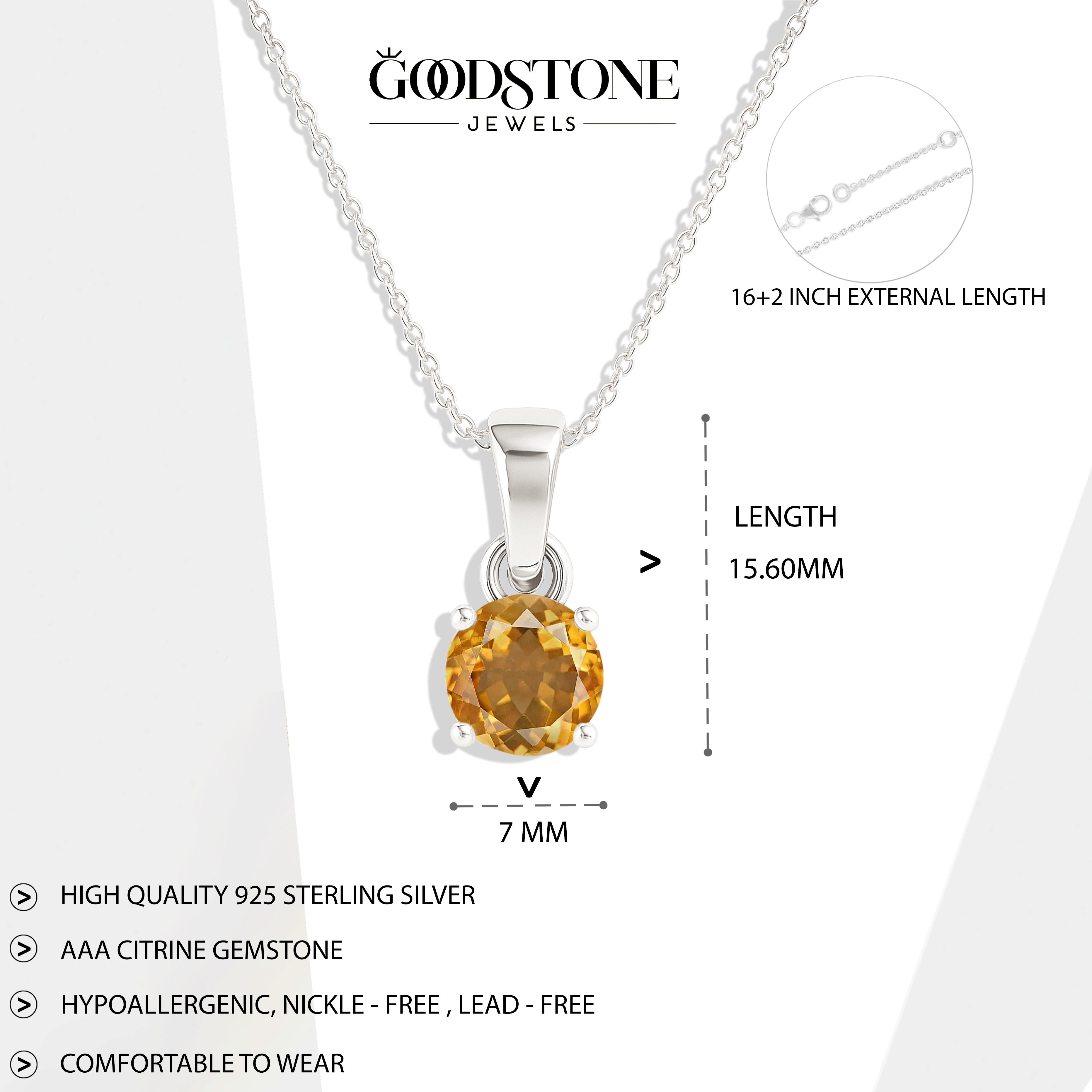 Citrine Round Solitaire Pendant Necklace in 925 Sterling Silver 7 MM 1.5ct