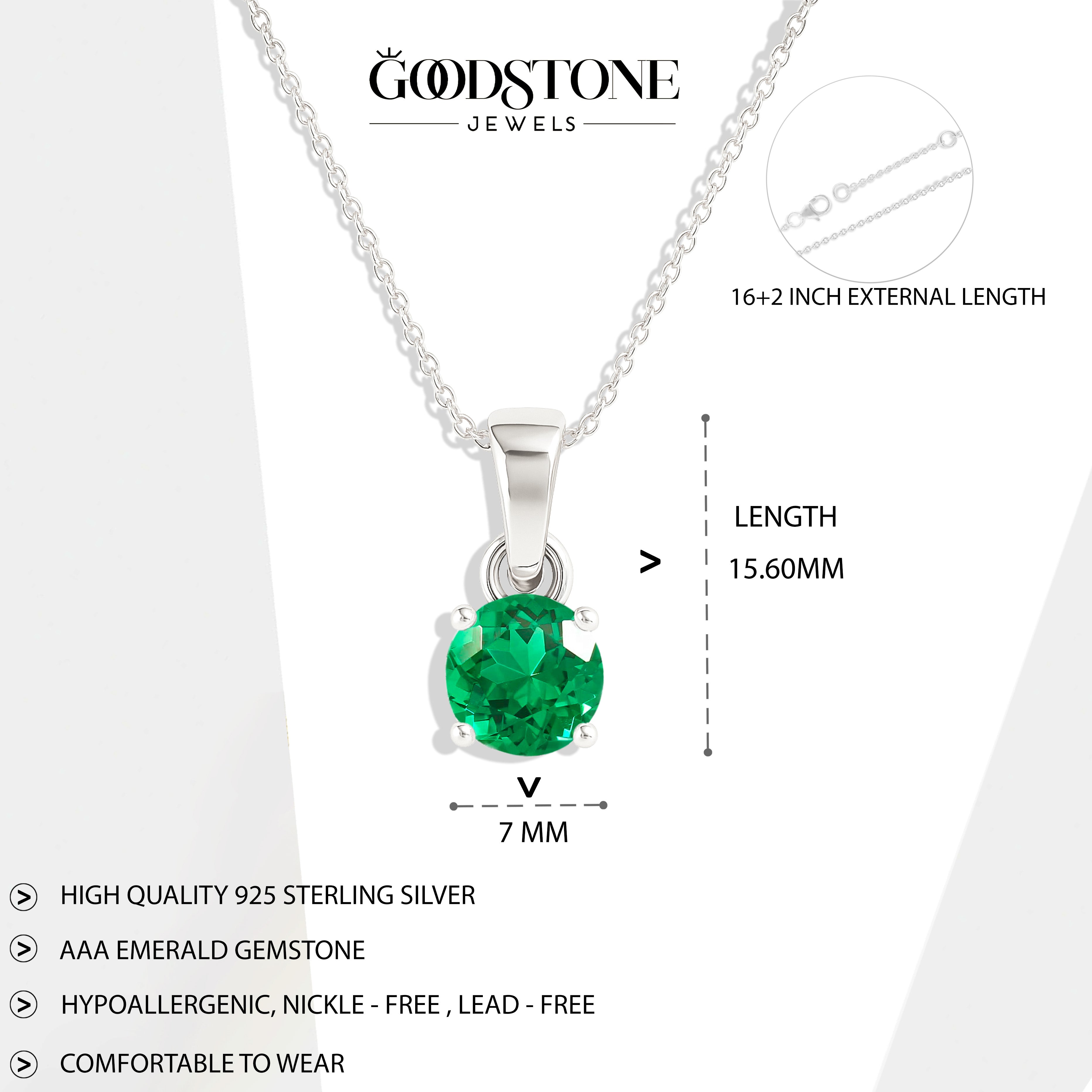 Emerald Round Solitaire Pendant Necklace in 925 Sterling Silver 7 MM 1.5ct