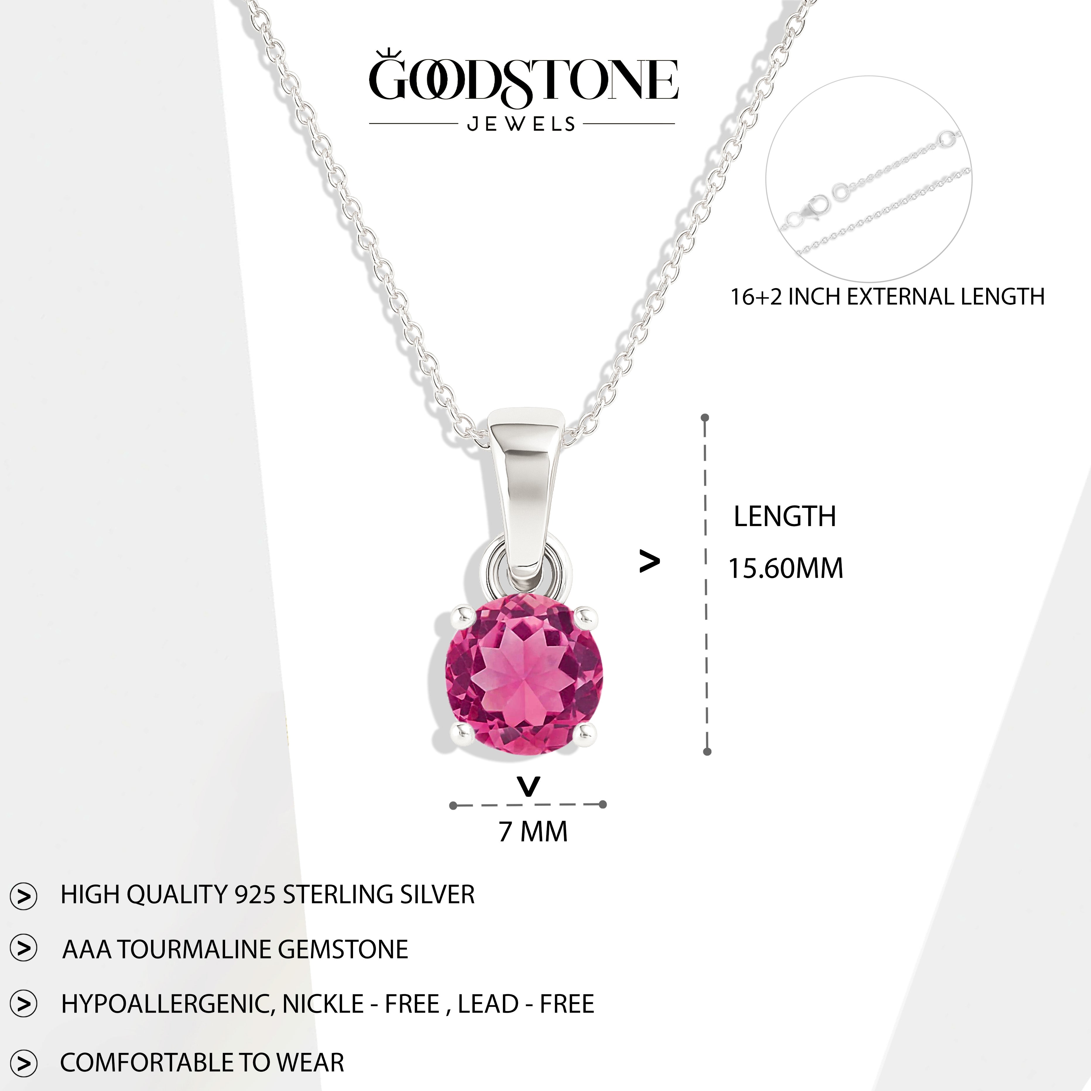 Pink Tourmaline Round Solitaire Pendant Necklace in 925 Sterling Silver 7 MM 1.5ct