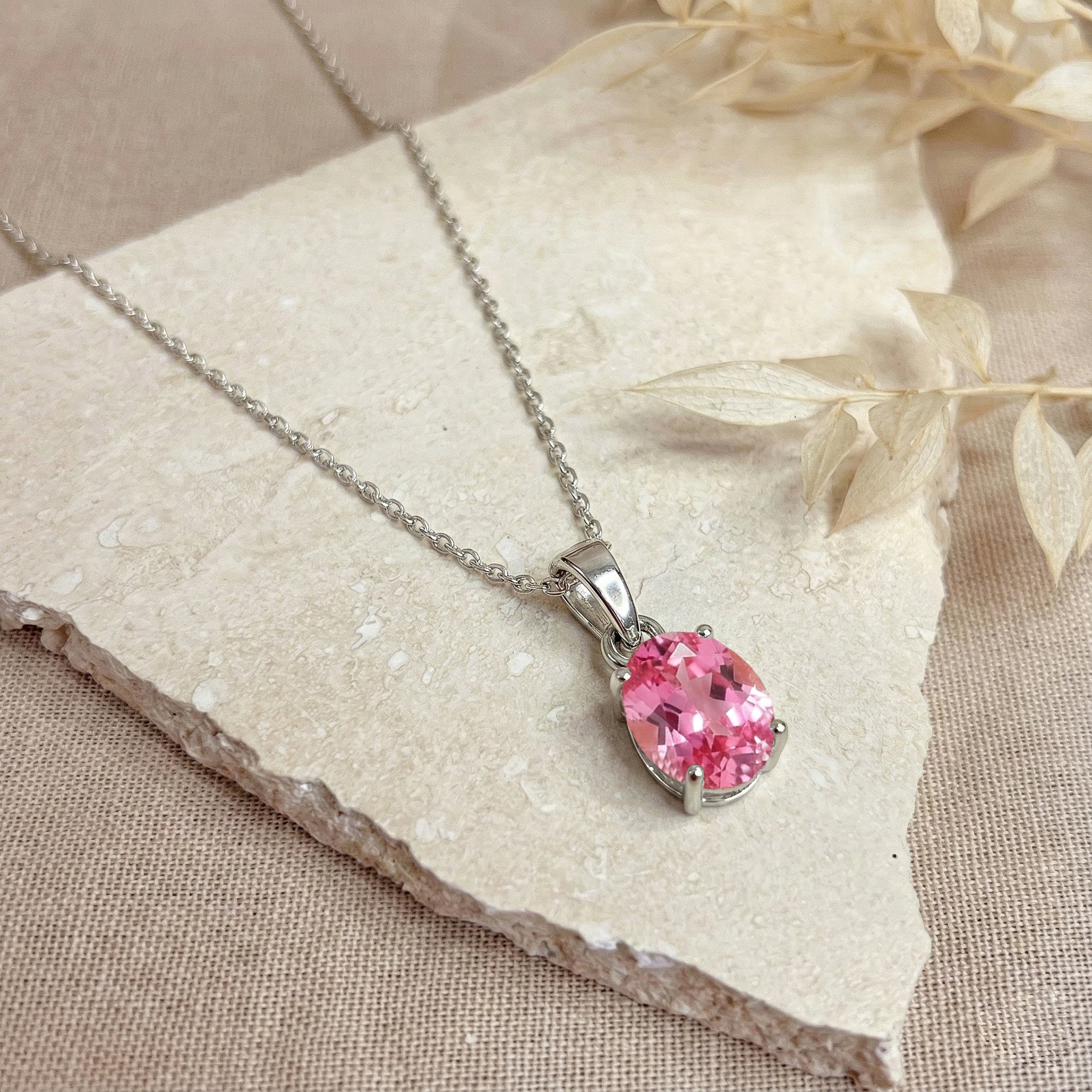 Pink Tourmaline Solitaire Pendant Necklace in 925 Sterling Silver 9x7 MM 1.4ct