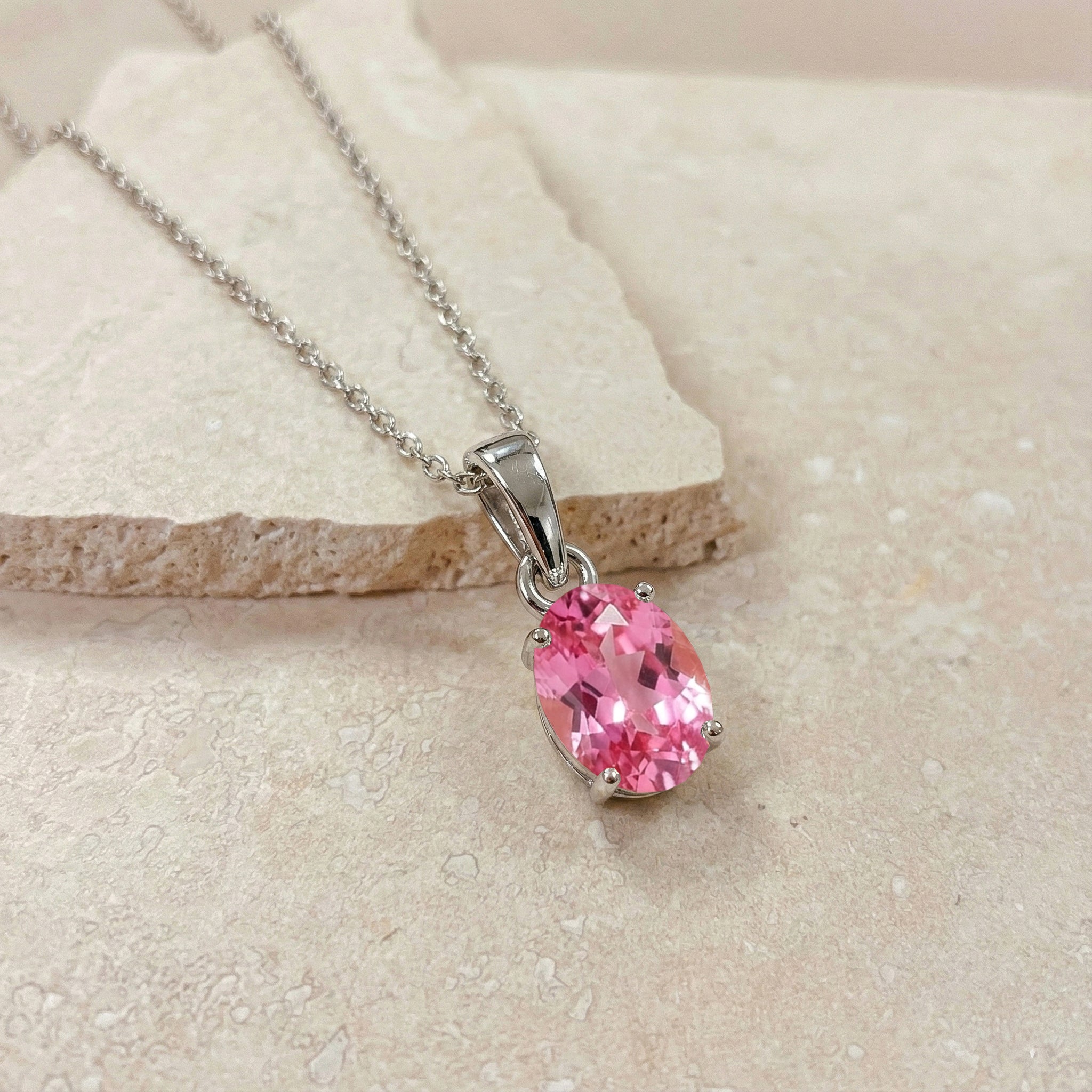 Pink Tourmaline Solitaire Pendant Necklace in 925 Sterling Silver 9x7 MM 1.4ct